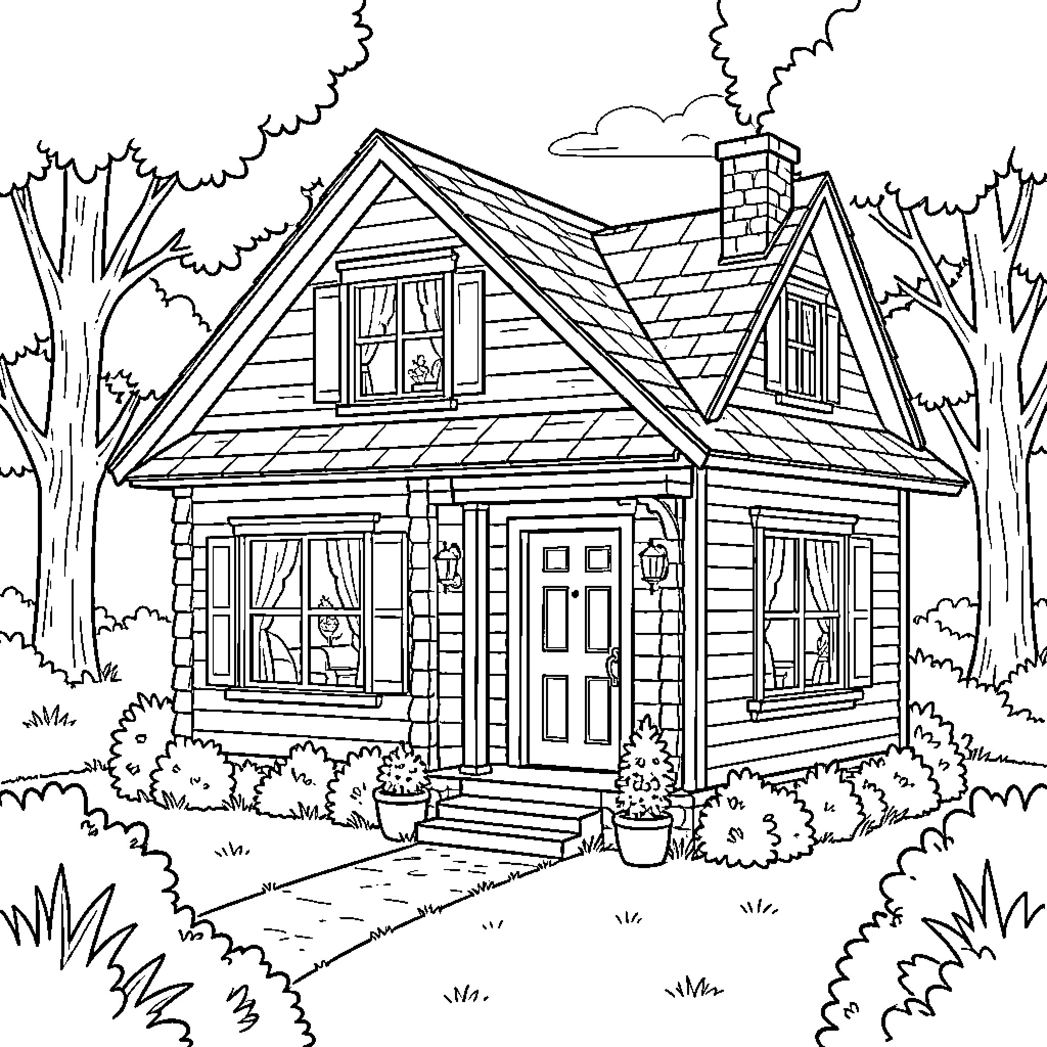 Home in the Cozy Countryside Coloring Page (free black-and-white line drawing printable PDF for all, from beginners to advanced learners, including children, teens, adults, and seniors)