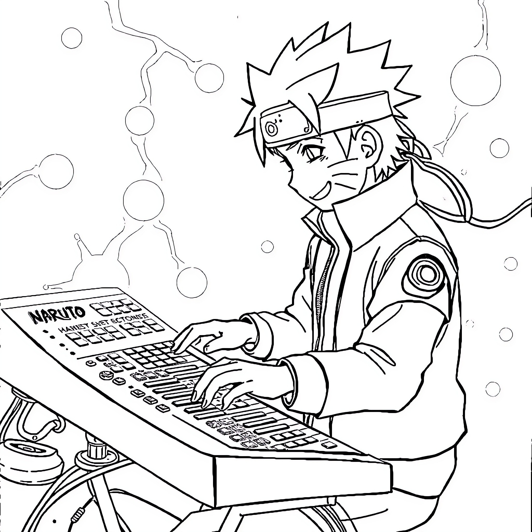 Naruto Hacking on a Computer Coloring Page (free black-and-white line drawing printable PDF for all, from beginners to advanced learners, including children, teens, adults, and seniors)