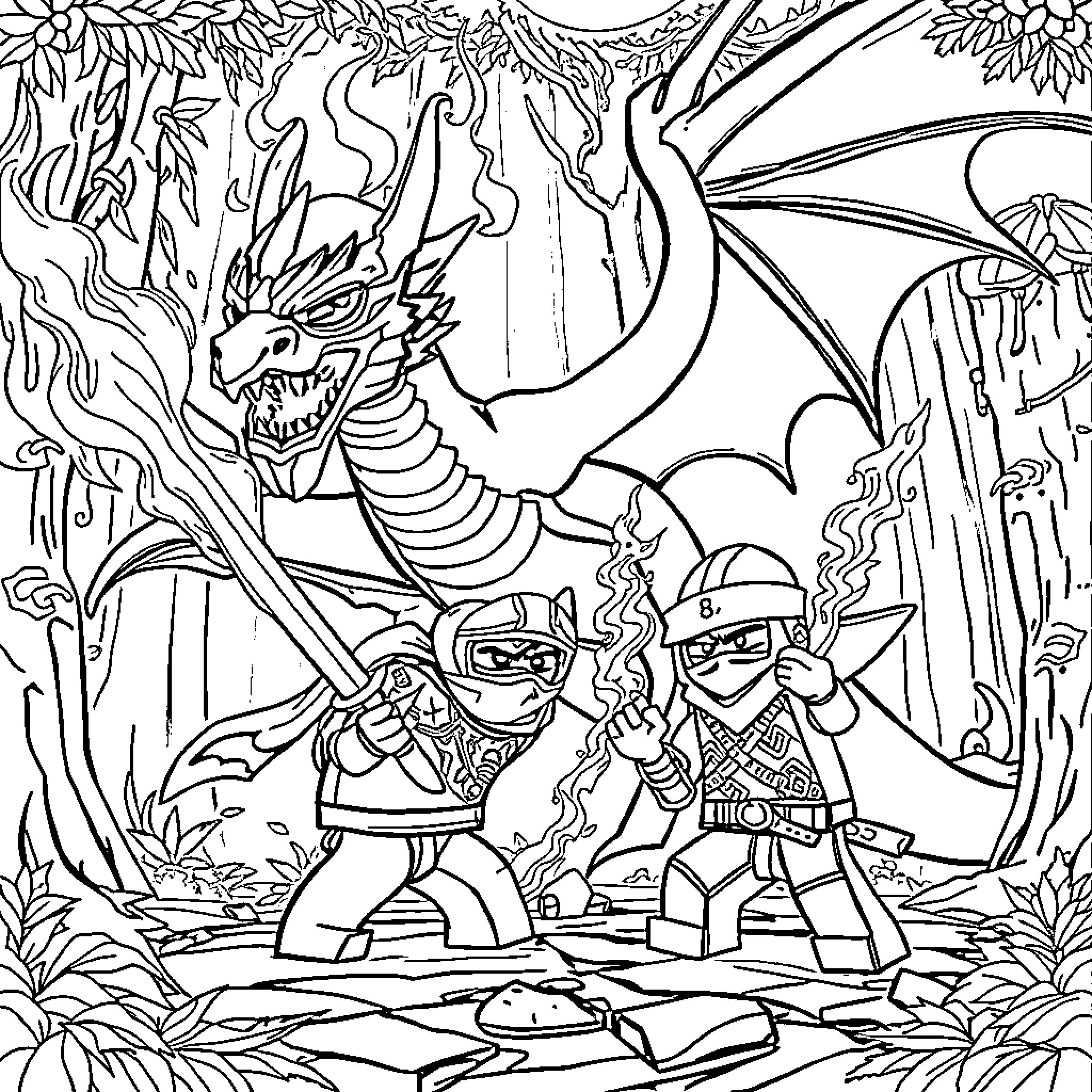 Ninjago warriors facing a mythical dragon in the jungle Coloring Page (free black-and-white line drawing printable PDF for all, from beginners to advanced learners, including children, teens, adults, and seniors)