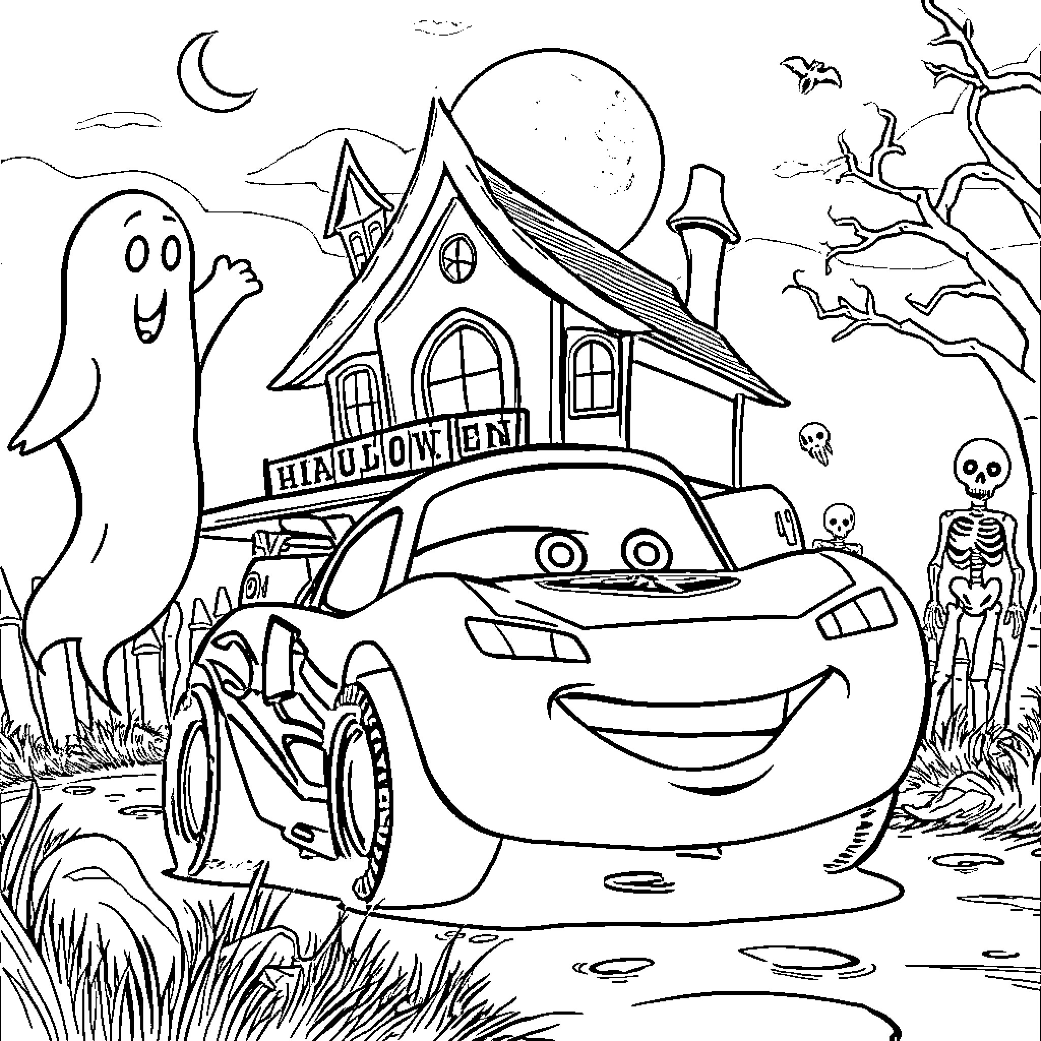 Lightning McQueen visits a spooky haunted house on Halloween Coloring Page (free black-and-white line drawing printable PDF for all, from beginners to advanced learners, including children, teens, adults, and seniors)