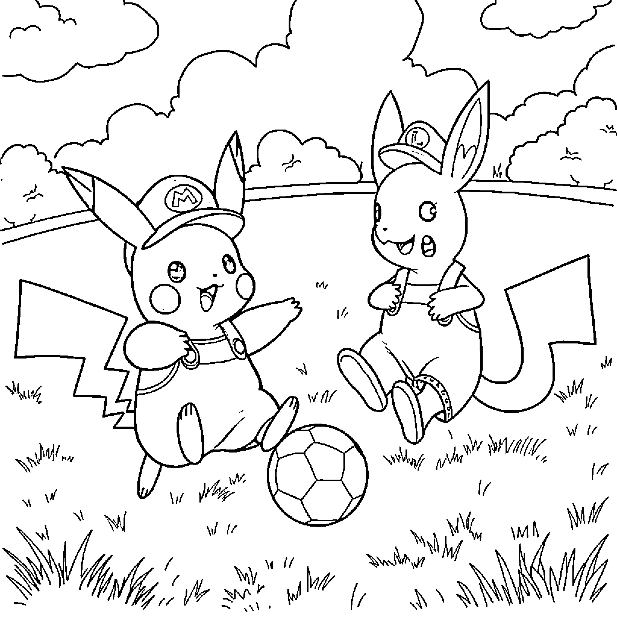 Pikachu and friends playing soccer in the park Coloring Page (free black-and-white line drawing printable PDF for all, from beginners to advanced learners, including children, teens, adults, and seniors)