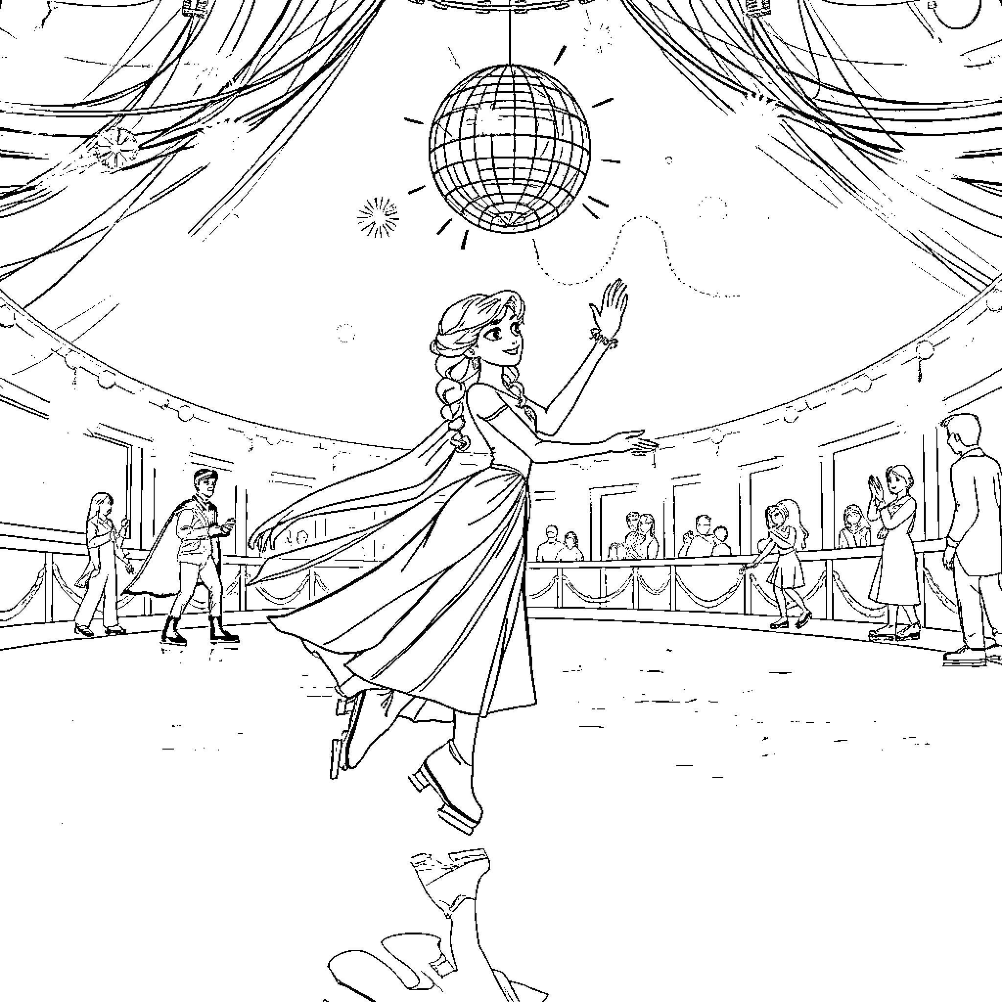 Elsa dancing gracefully at the ball Coloring Page (free black-and-white line drawing printable PDF for all, from beginners to advanced learners, including children, teens, adults, and seniors)