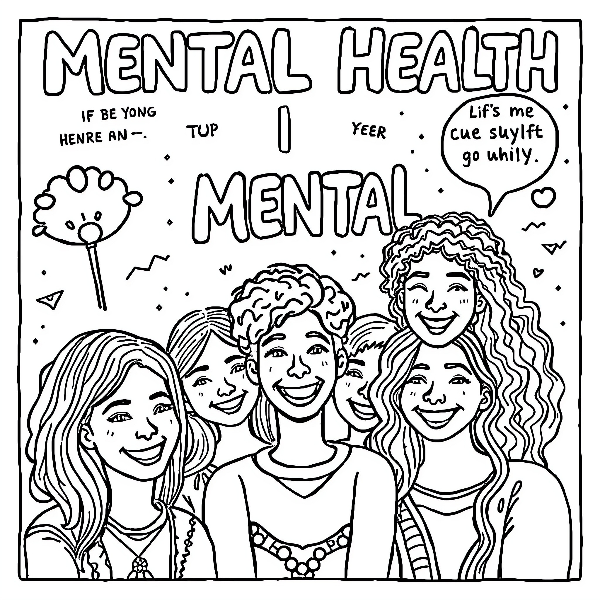 Mental Health: Diverse Expressions of Well-being Coloring Page (free black-and-white line drawing printable PDF for all, from beginners to advanced learners, including children, teens, adults, and seniors)