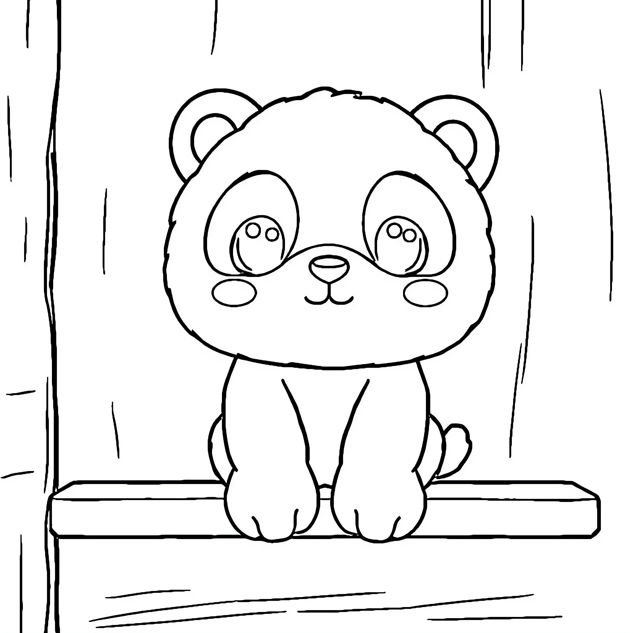 Doll Panda Sitting on Bench Coloring Page (free black-and-white line drawing printable PDF for all, from beginners to advanced learners, including children, teens, adults, and seniors)