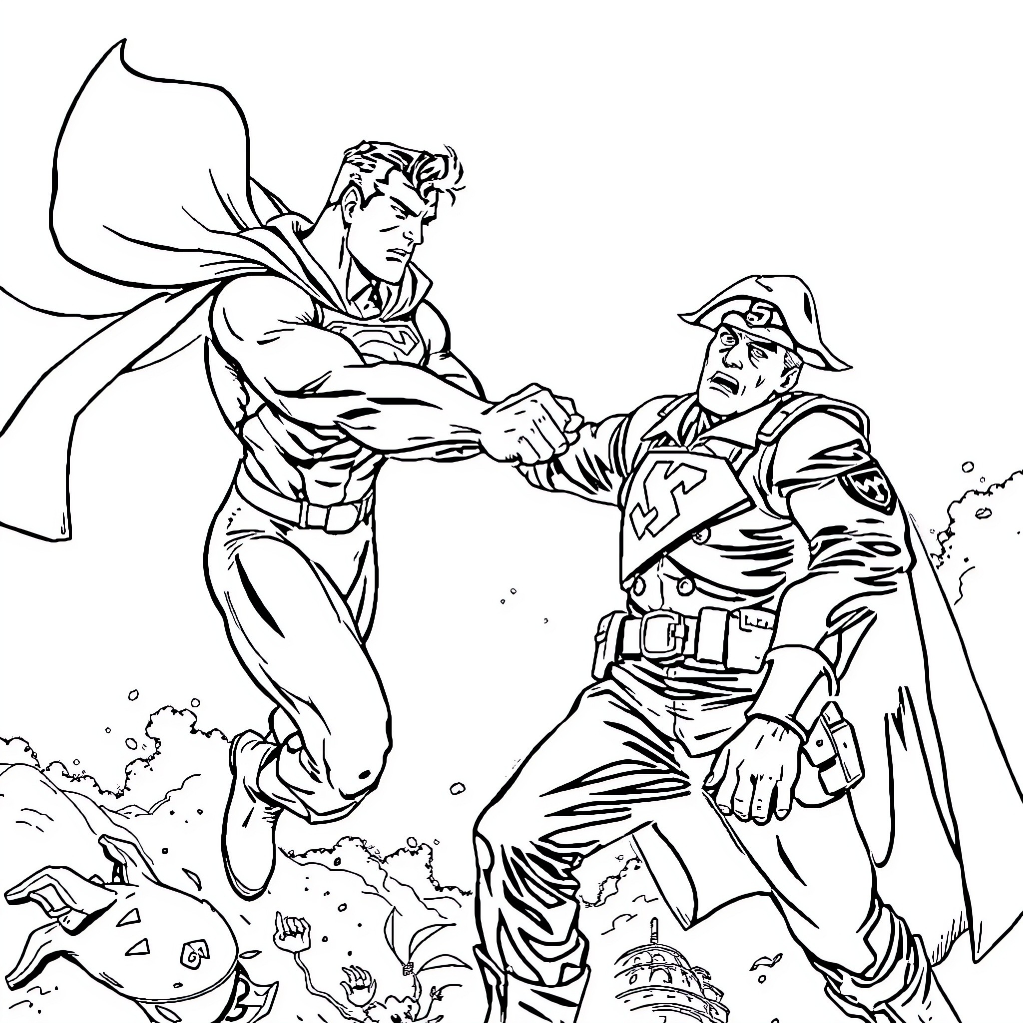 Superman assisting a soldier in battle Coloring Page (free black-and-white line drawing printable PDF for all, from beginners to advanced learners, including children, teens, adults, and seniors)