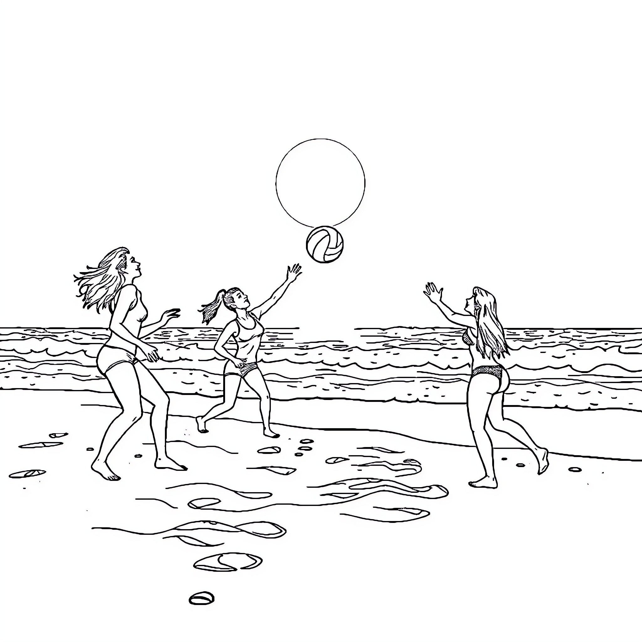 Asee friends playing volleyball on the beach Coloring Page (free black-and-white line drawing printable PDF for all, from beginners to advanced learners, including children, teens, adults, and seniors)
