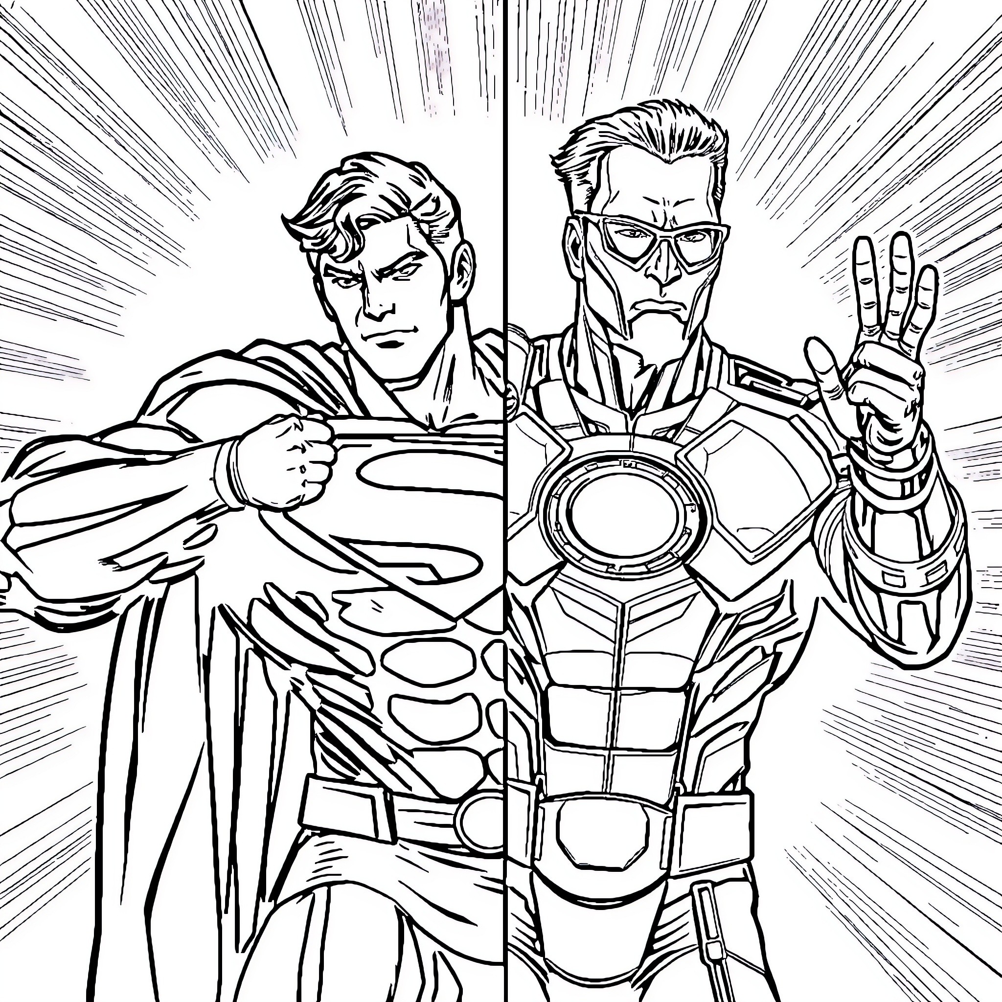 Superman and Iron Man in action poses Coloring Page (free black-and-white line drawing printable PDF for all, from beginners to advanced learners, including children, teens, adults, and seniors)