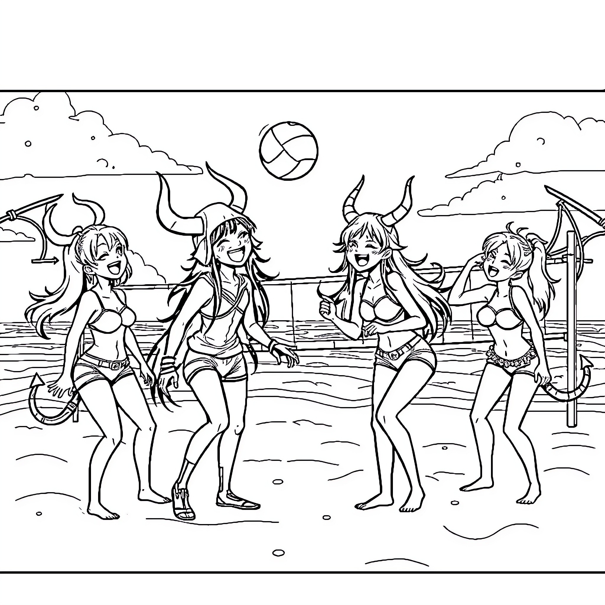 Character Group playing beach volleyball in the sunset Coloring Page (free black-and-white line drawing printable PDF for all, from beginners to advanced learners, including children, teens, adults, and seniors)