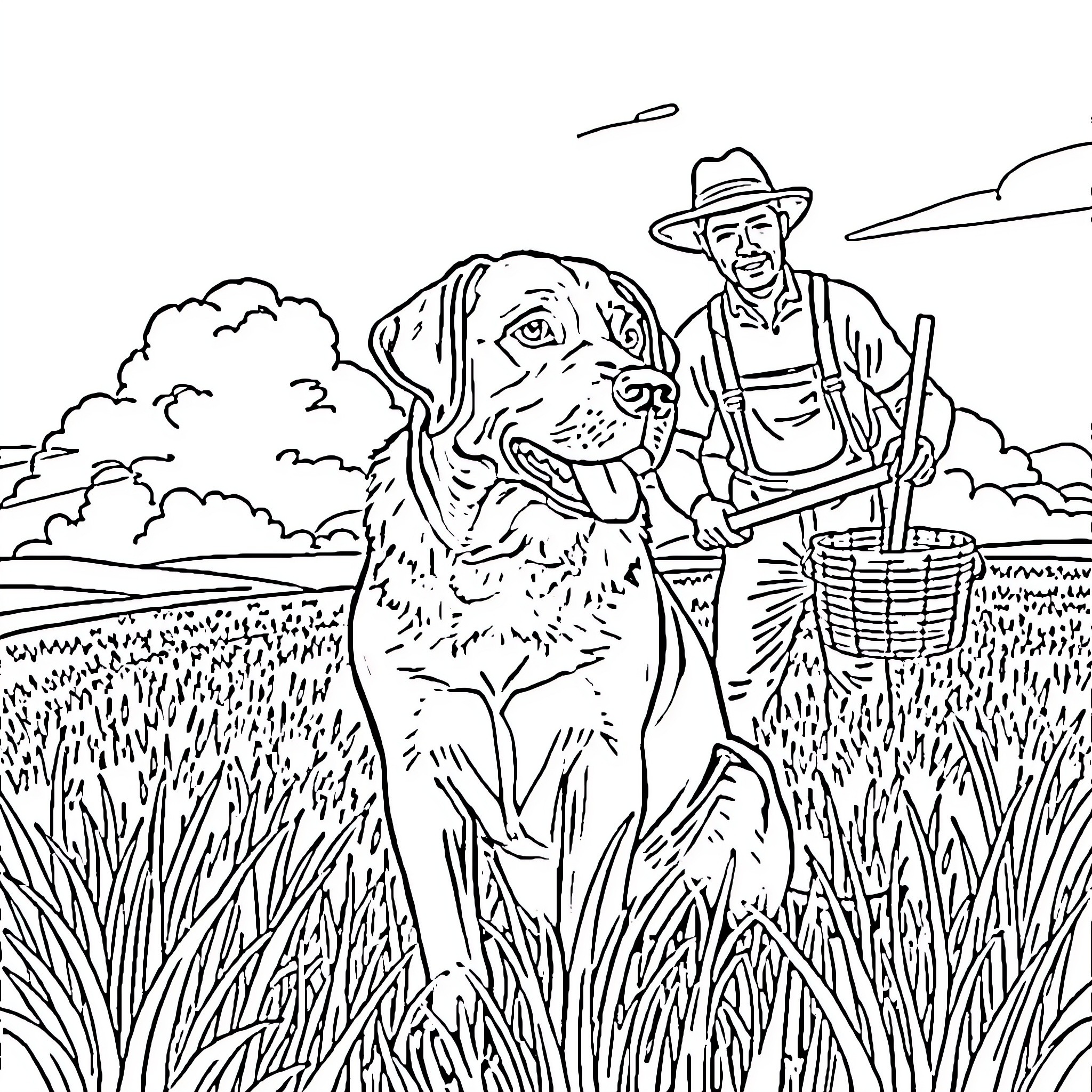 Lab with Farmer and Loyal Dog in the Field Coloring Page (free black-and-white line drawing printable PDF for all, from beginners to advanced learners, including children, teens, adults, and seniors)