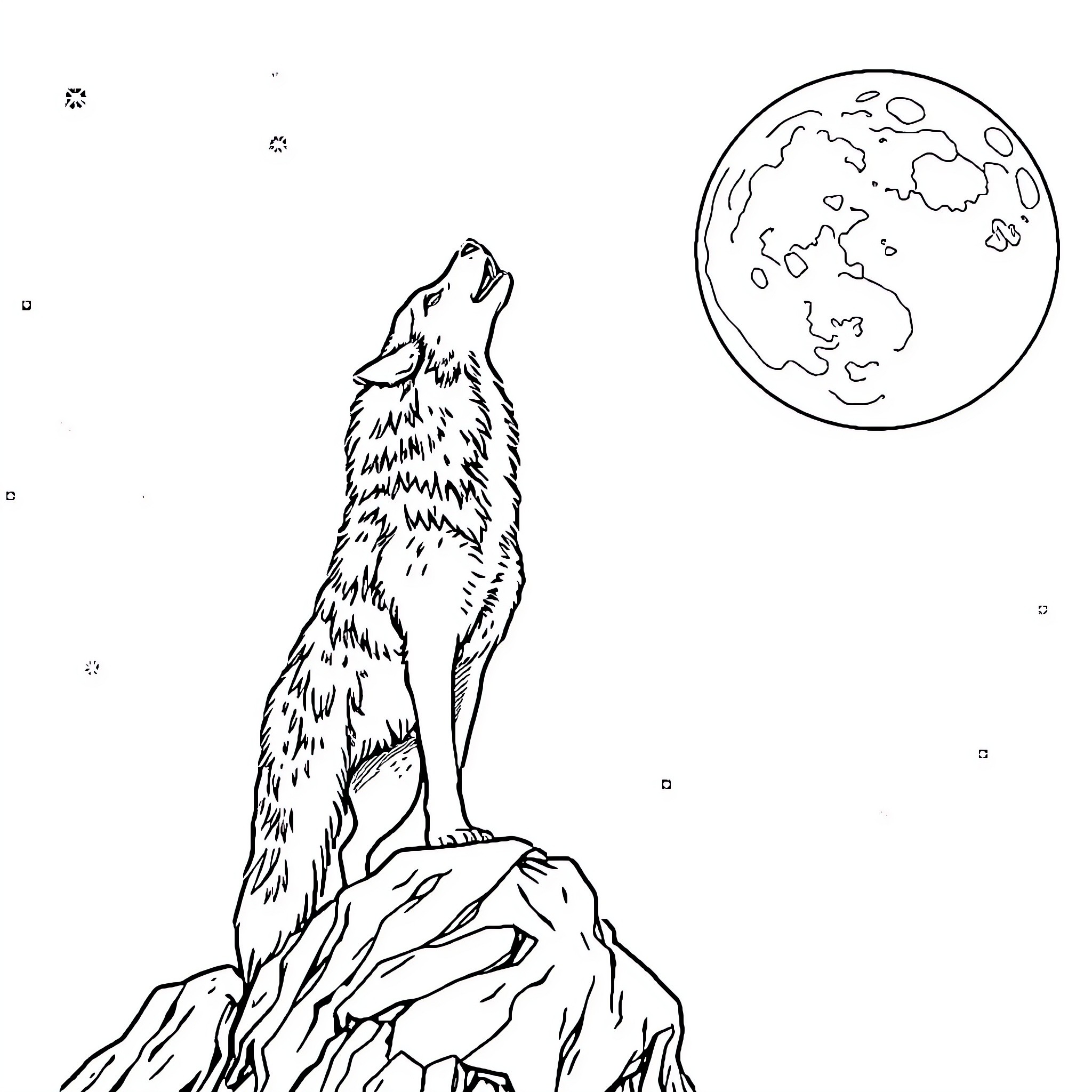 Wolf howling at the moon in the night sky Coloring Page (free black-and-white line drawing printable PDF for all, from beginners to advanced learners, including children, teens, adults, and seniors)