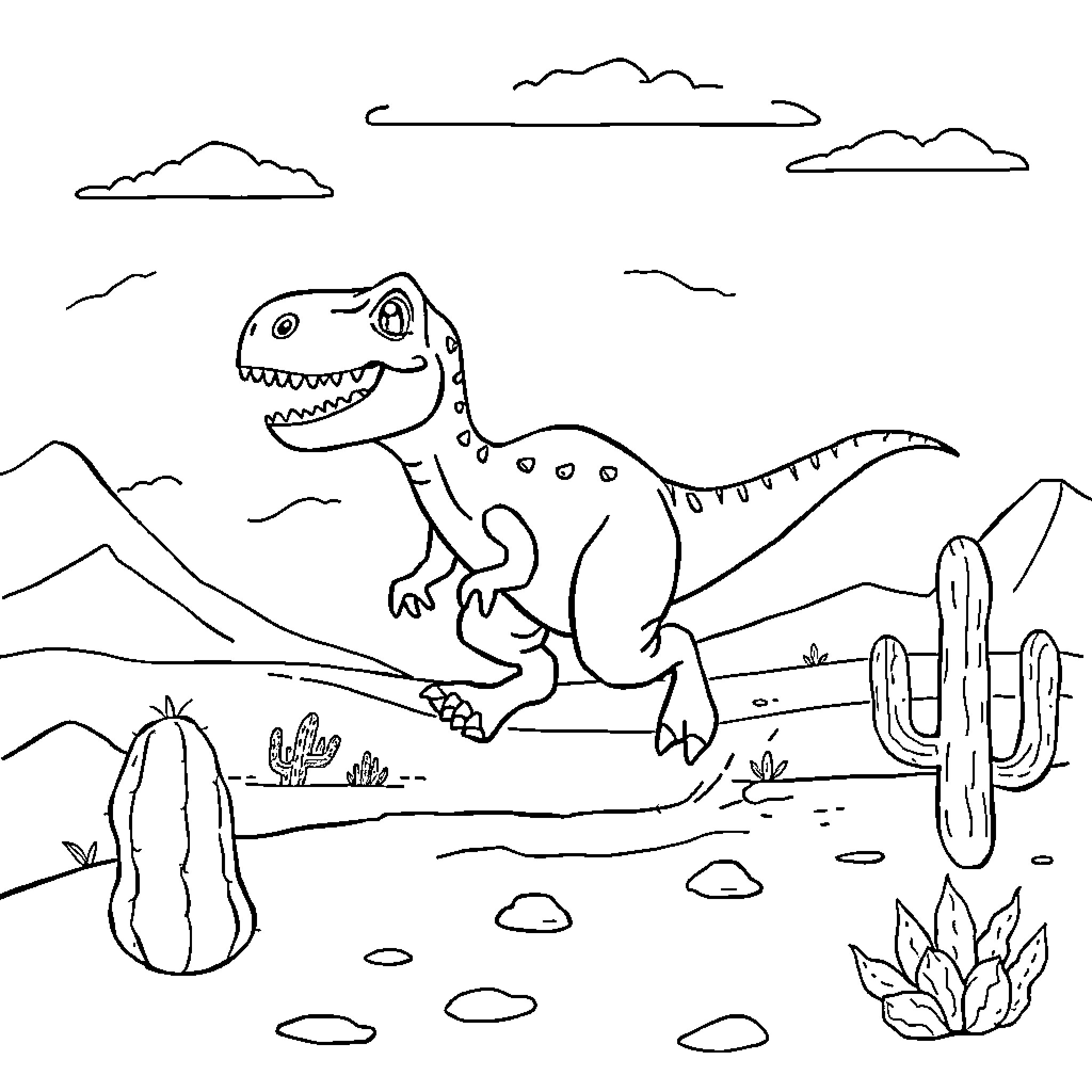 Dinosaur roams the desert landscape Coloring Page (free black-and-white line drawing printable PDF for all, from beginners to advanced learners, including children, teens, adults, and seniors)