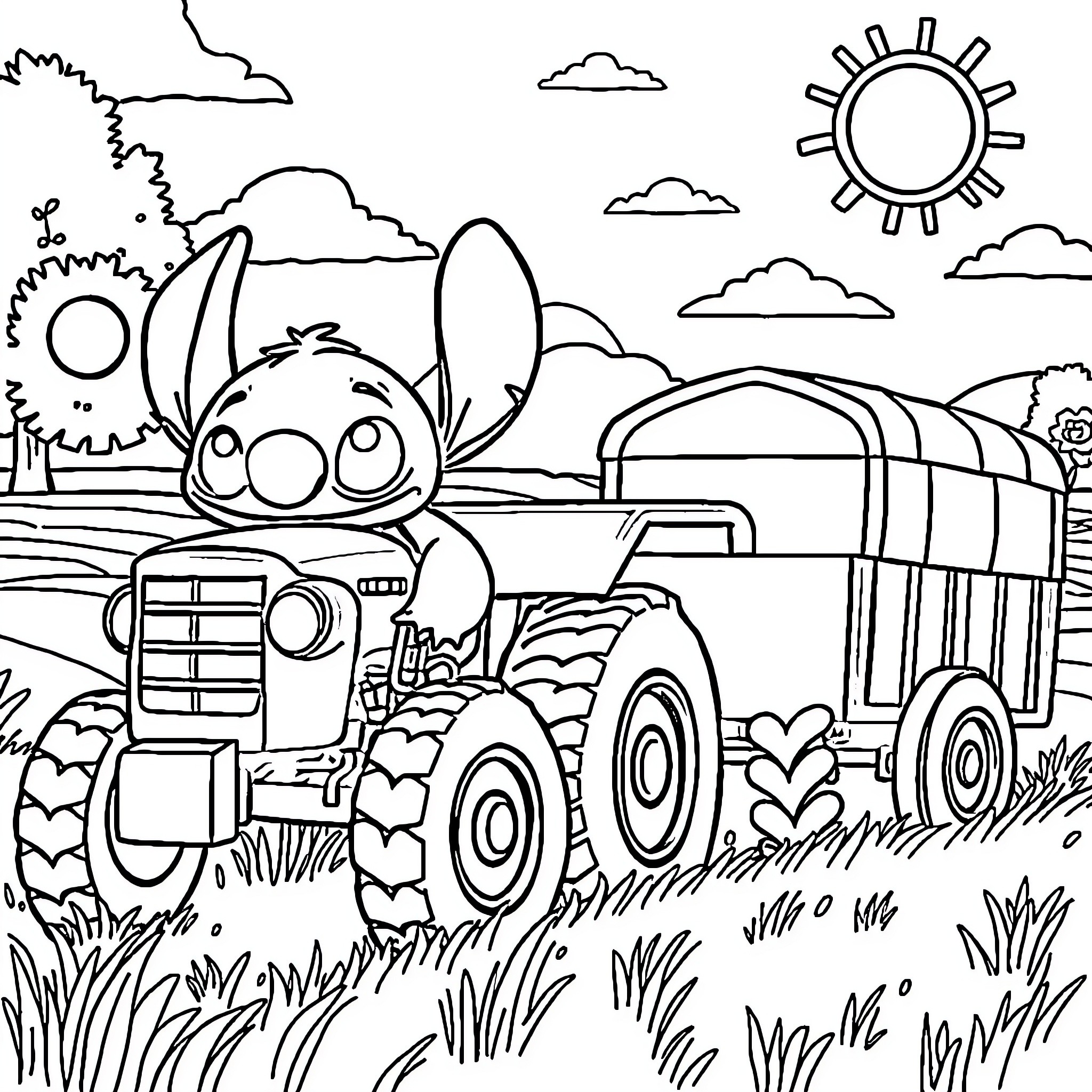 Stitch driving a tractor through the countryside Coloring Page (free black-and-white line drawing printable PDF for all, from beginners to advanced learners, including children, teens, adults, and seniors)