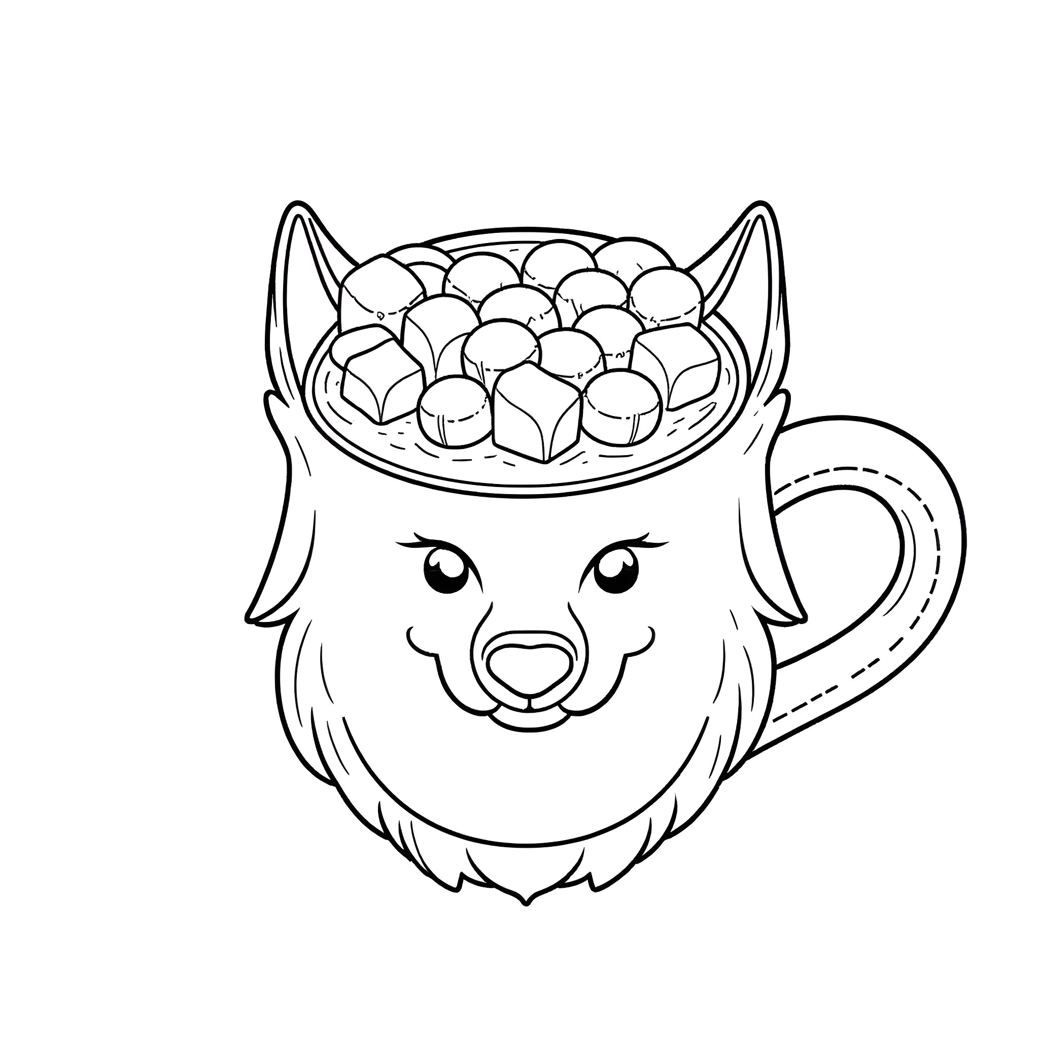 Werewolf drinking from mug filled with marshmallows Coloring Page (free black-and-white line drawing printable PDF for all, from beginners to advanced learners, including children, teens, adults, and seniors)