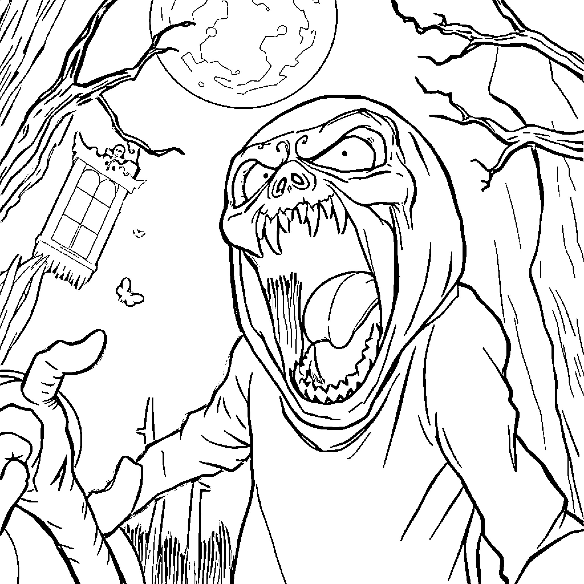 Scream of the Gruesome Creature in the Spooky Moonlit Night Coloring Page (free black-and-white line drawing printable PDF for all, from beginners to advanced learners, including children, teens, adults, and seniors)