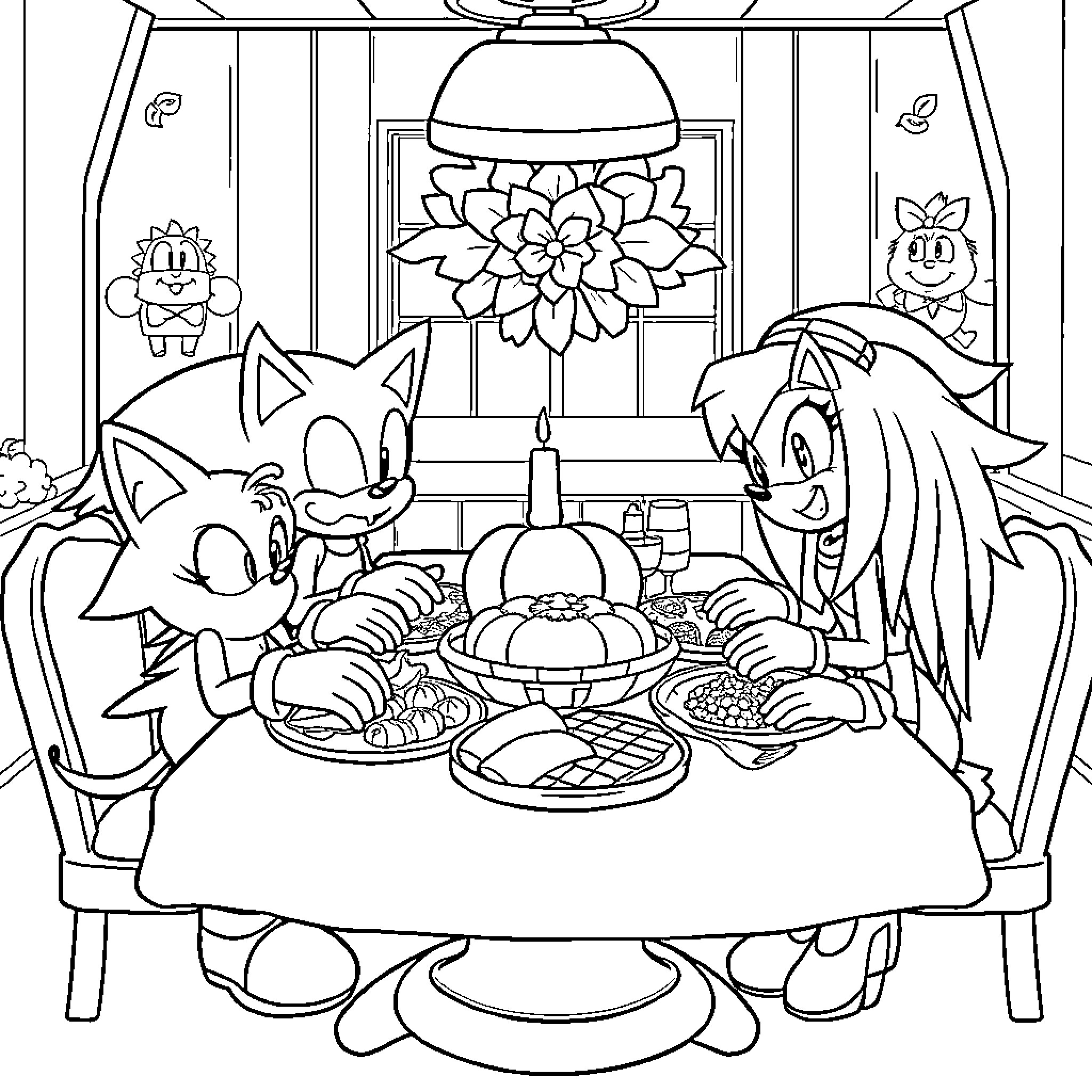 Sonic Characters Enjoying a Meal Together Coloring Page (free black-and-white line drawing printable PDF for all, from beginners to advanced learners, including children, teens, adults, and seniors)