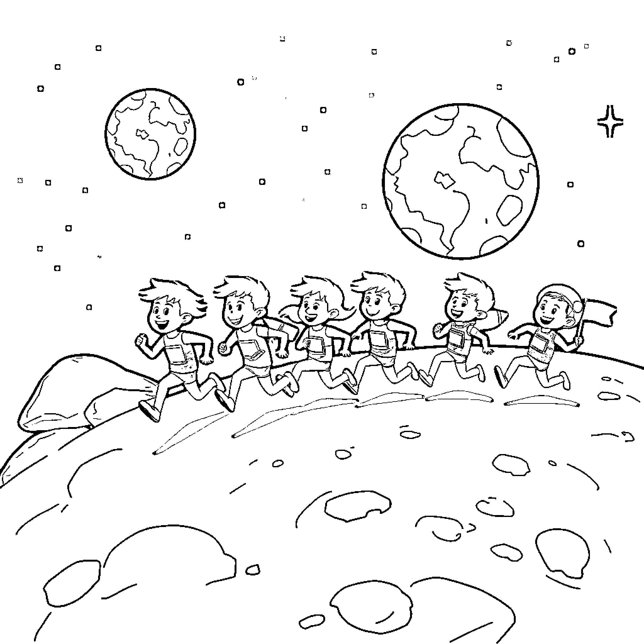 Cartoon Character Running Together Under the Stars Coloring Page (free black-and-white line drawing printable PDF for all, from beginners to advanced learners, including children, teens, adults, and seniors)