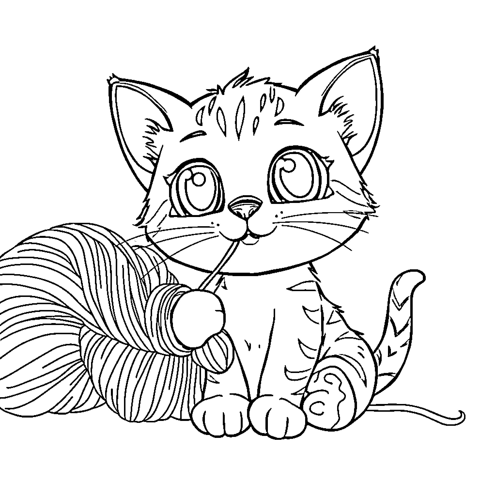 Cat with large eyes and fluffy tail Coloring Page (free black-and-white line drawing printable PDF for all, from beginners to advanced learners, including children, teens, adults, and seniors)