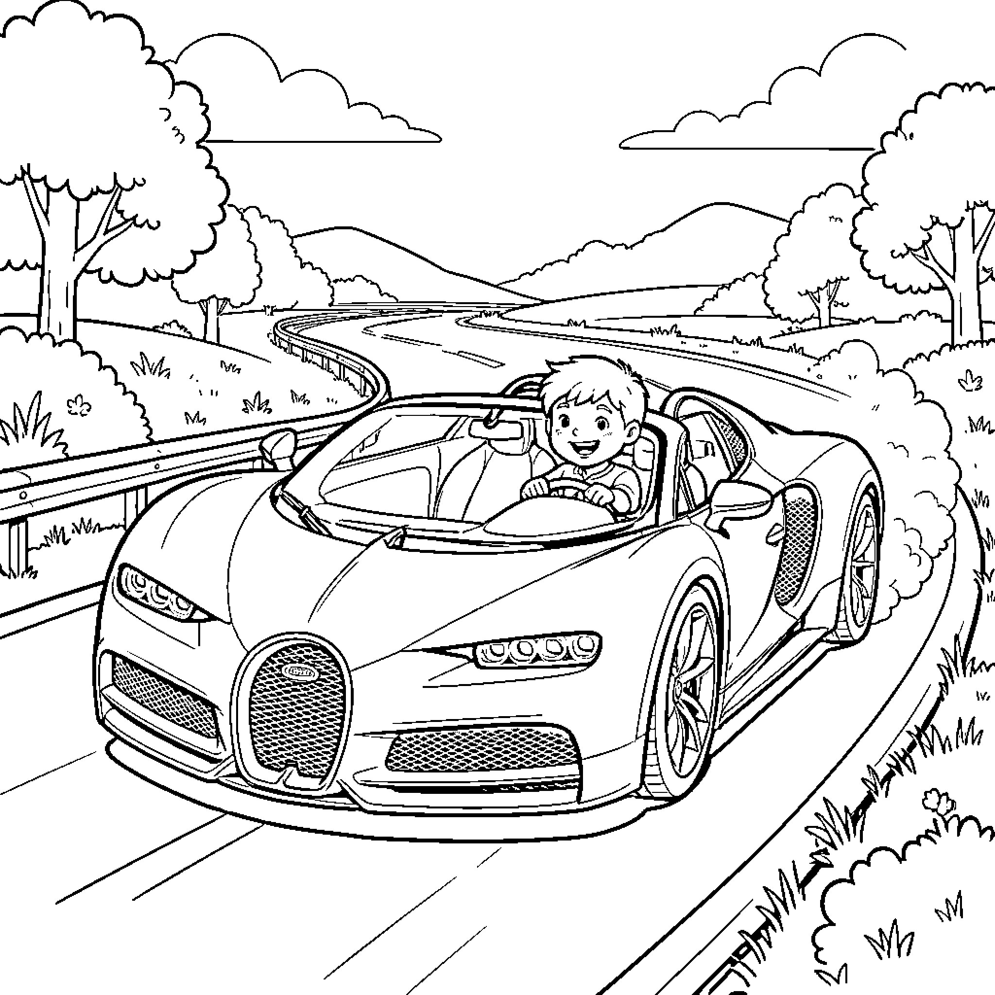 Boy driving a convertible car on a scenic road Coloring Page (free black-and-white line drawing printable PDF for all, from beginners to advanced learners, including children, teens, adults, and seniors)