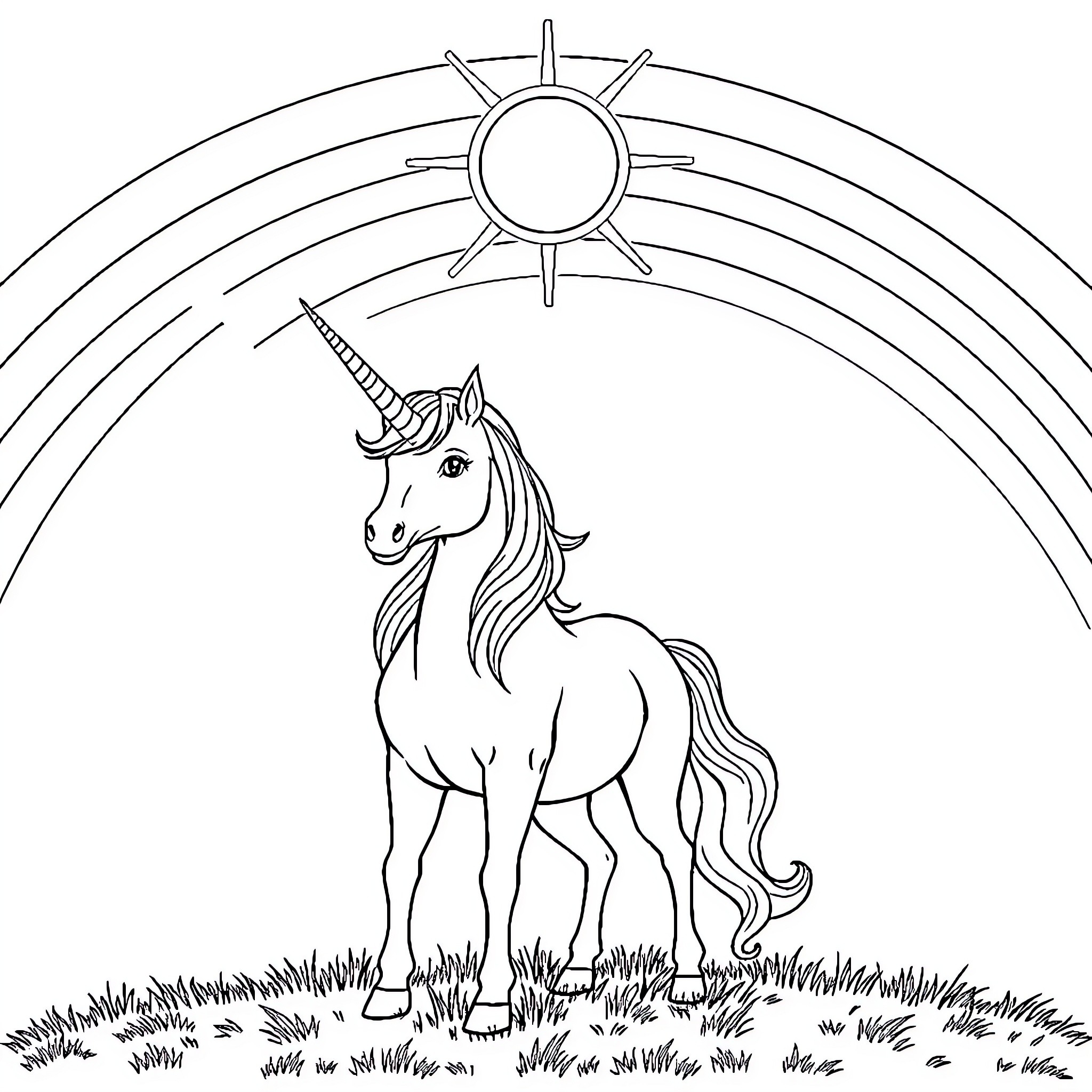 Unicorn standing in a meadow under a rainbow Coloring Page (free black-and-white line drawing printable PDF for all, from beginners to advanced learners, including children, teens, adults, and seniors)