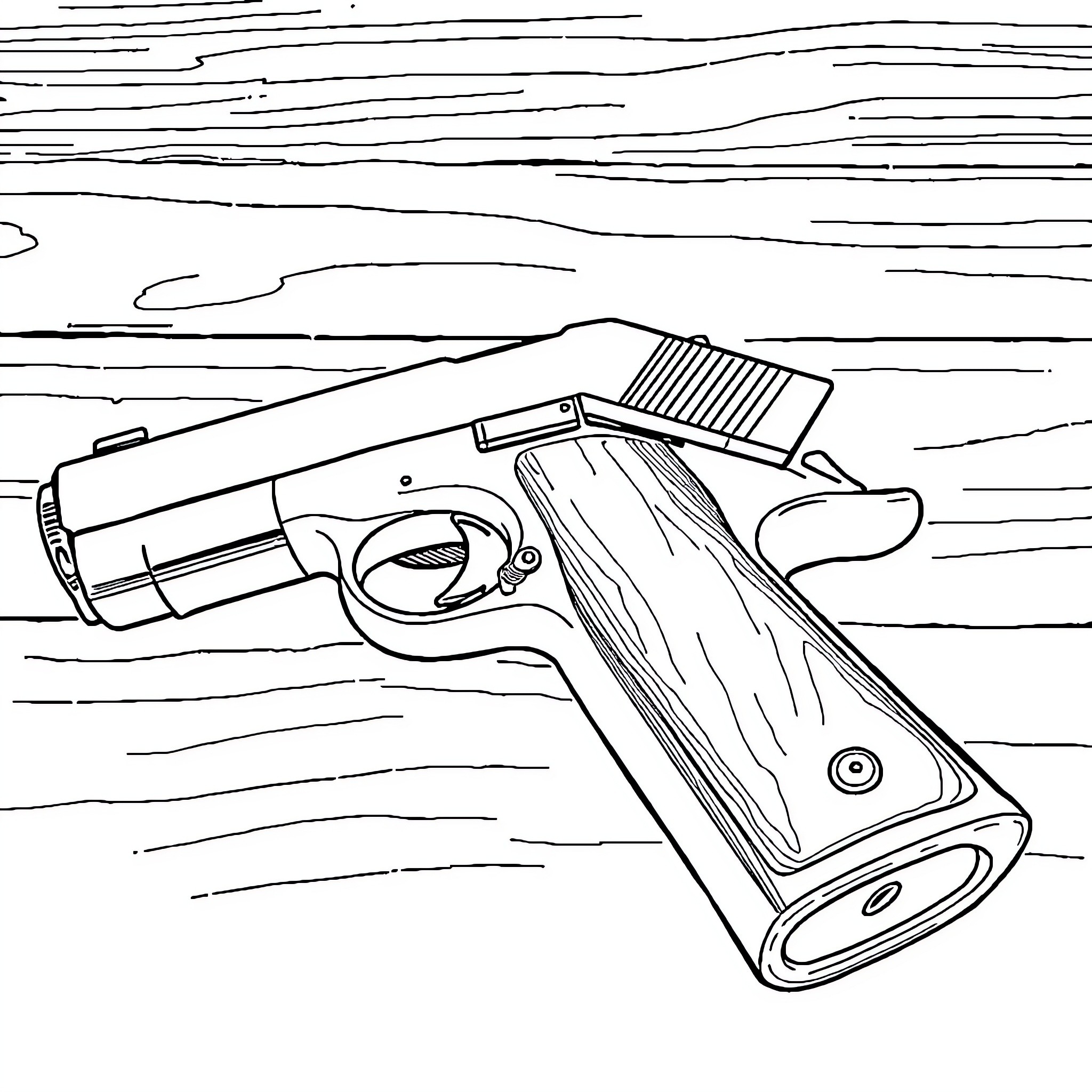 1911 Handgun on Wooden Background Coloring Page (free black-and-white line drawing printable PDF for all, from beginners to advanced learners, including children, teens, adults, and seniors)