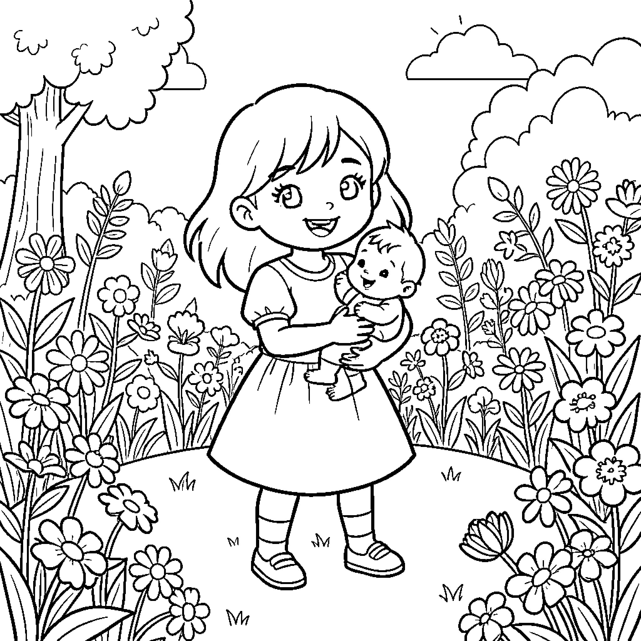 Girl exploring the beautiful garden with her pet Coloring Page (free black-and-white line drawing printable PDF for all, from beginners to advanced learners, including children, teens, adults, and seniors)