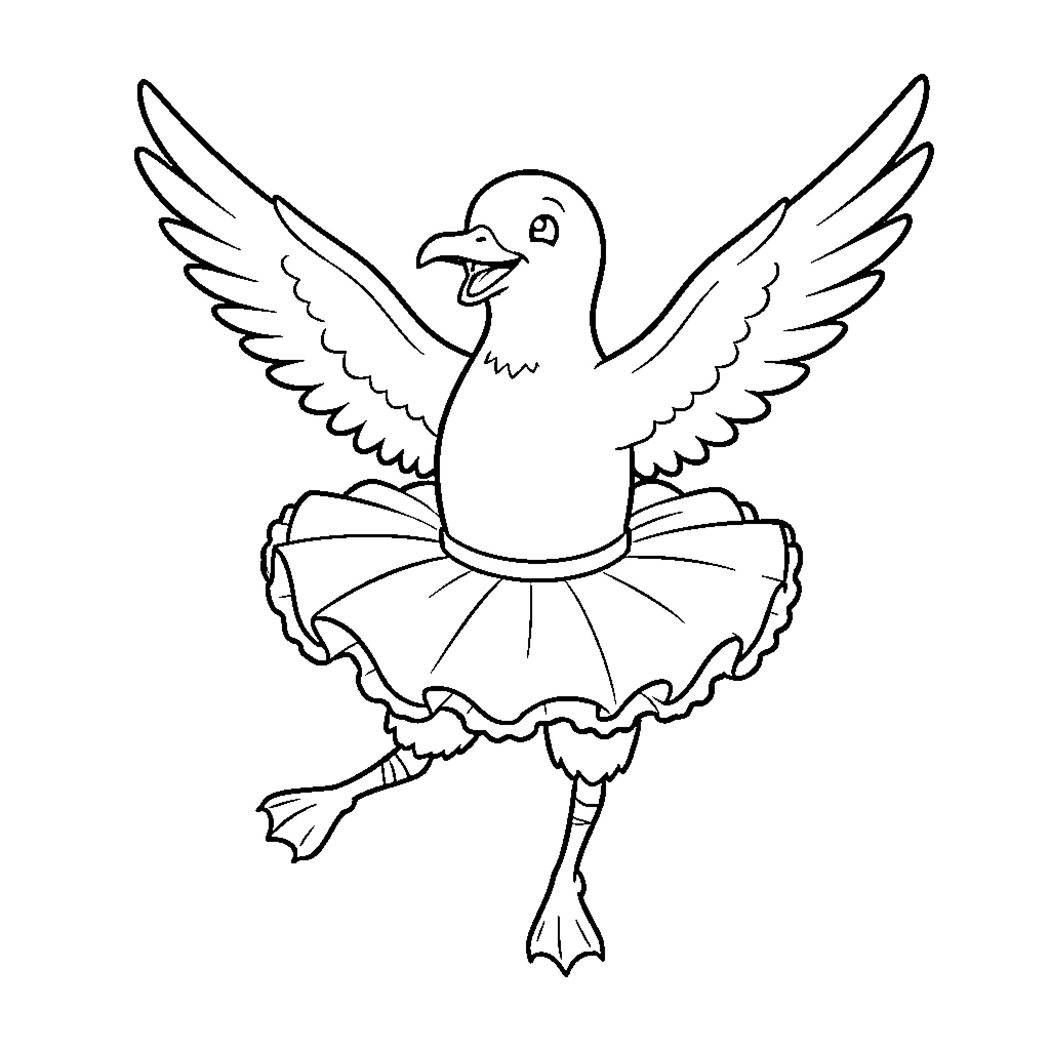 Seagull dancing joyfully while wearing a tutu Coloring Page (free black-and-white line drawing printable PDF for all, from beginners to advanced learners, including children, teens, adults, and seniors)