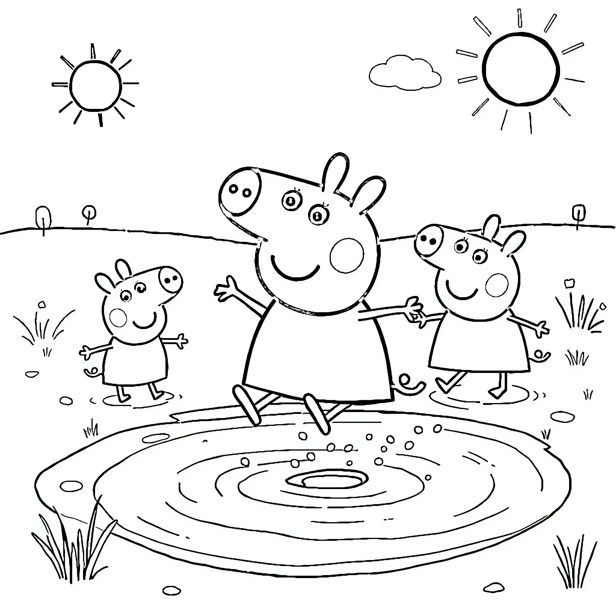 Peppa Pig and friends enjoying a sunny day outdoors Coloring Page (free black-and-white line drawing printable PDF for all, from beginners to advanced learners, including children, teens, adults, and seniors)