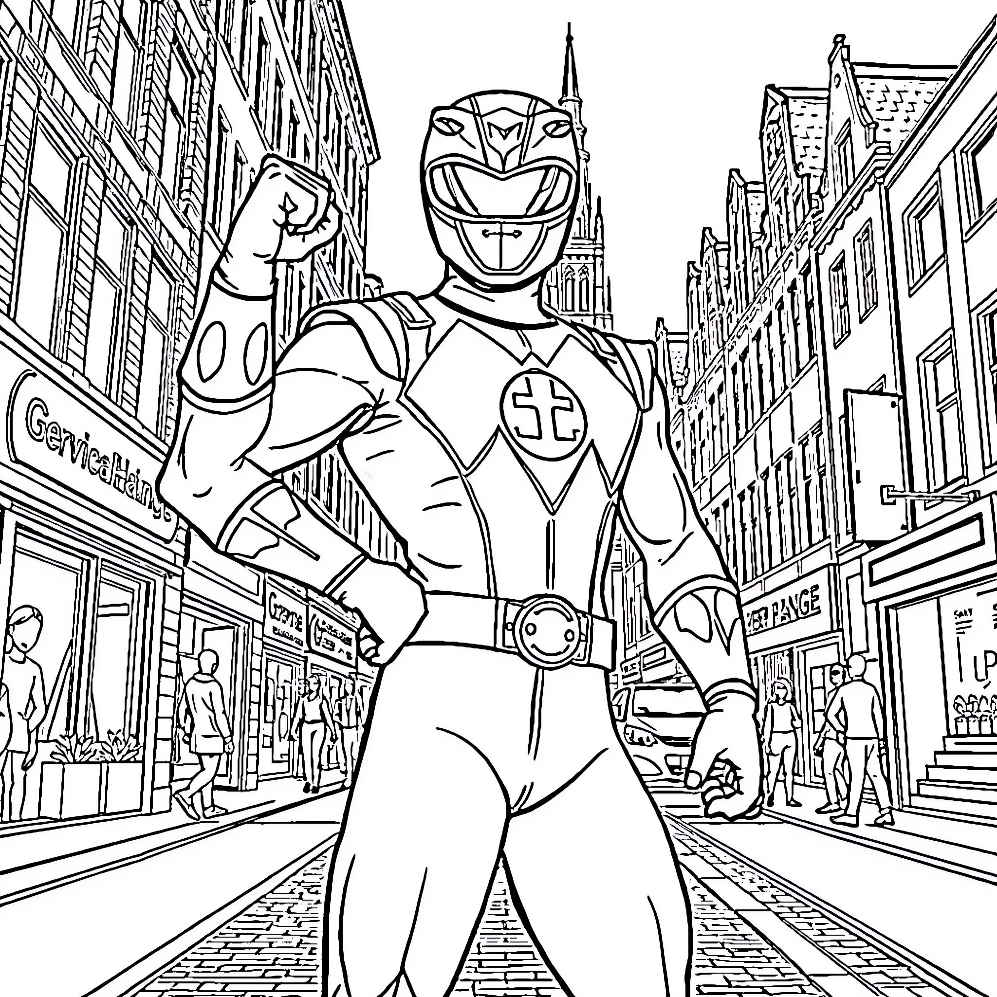 Power Ranger Hero Stands Tall in Cityscape Coloring Page (free black-and-white line drawing printable PDF for all, from beginners to advanced learners, including children, teens, adults, and seniors)
