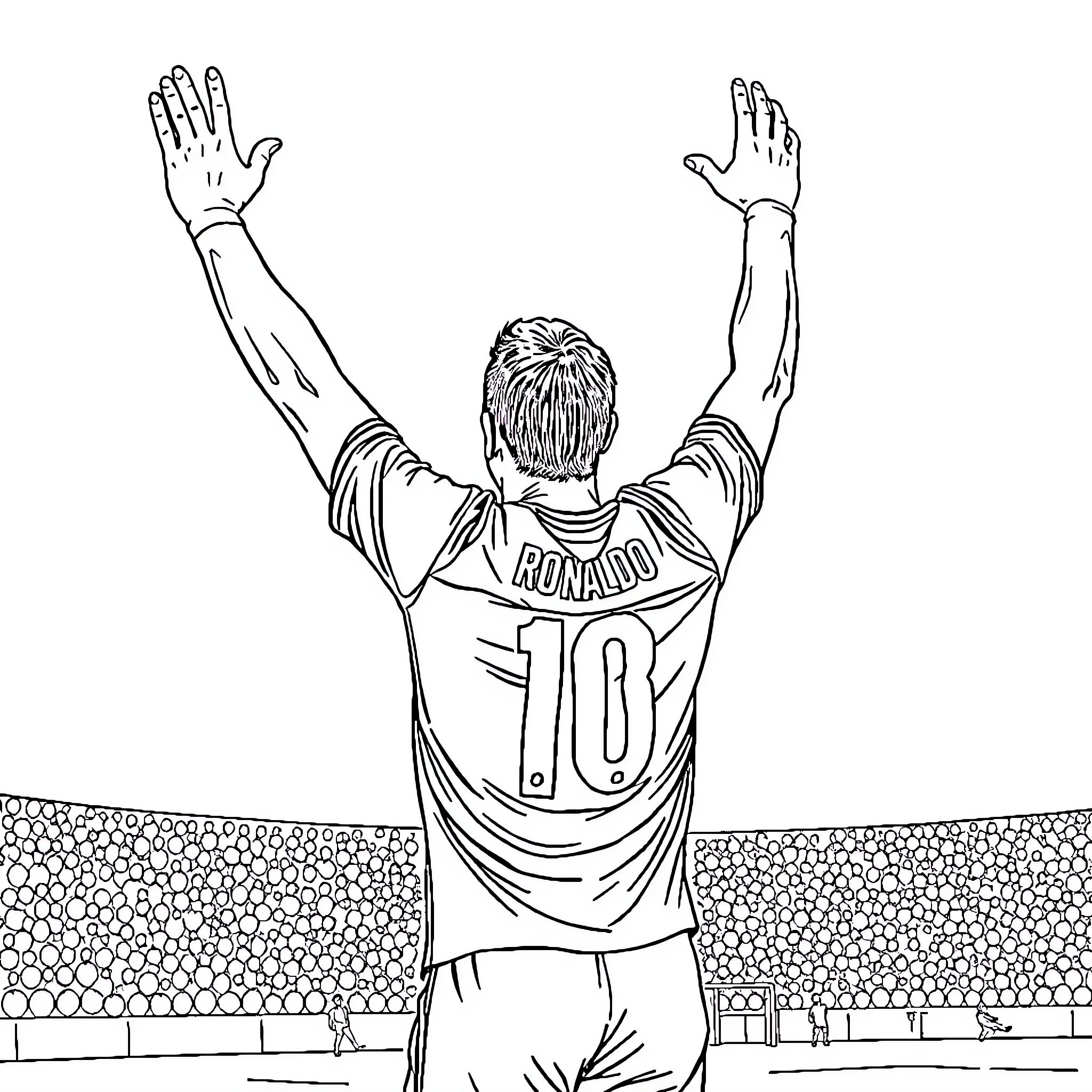 Ronaldo celebrating victory on the field Coloring Page (free black-and-white line drawing printable PDF for all, from beginners to advanced learners, including children, teens, adults, and seniors)
