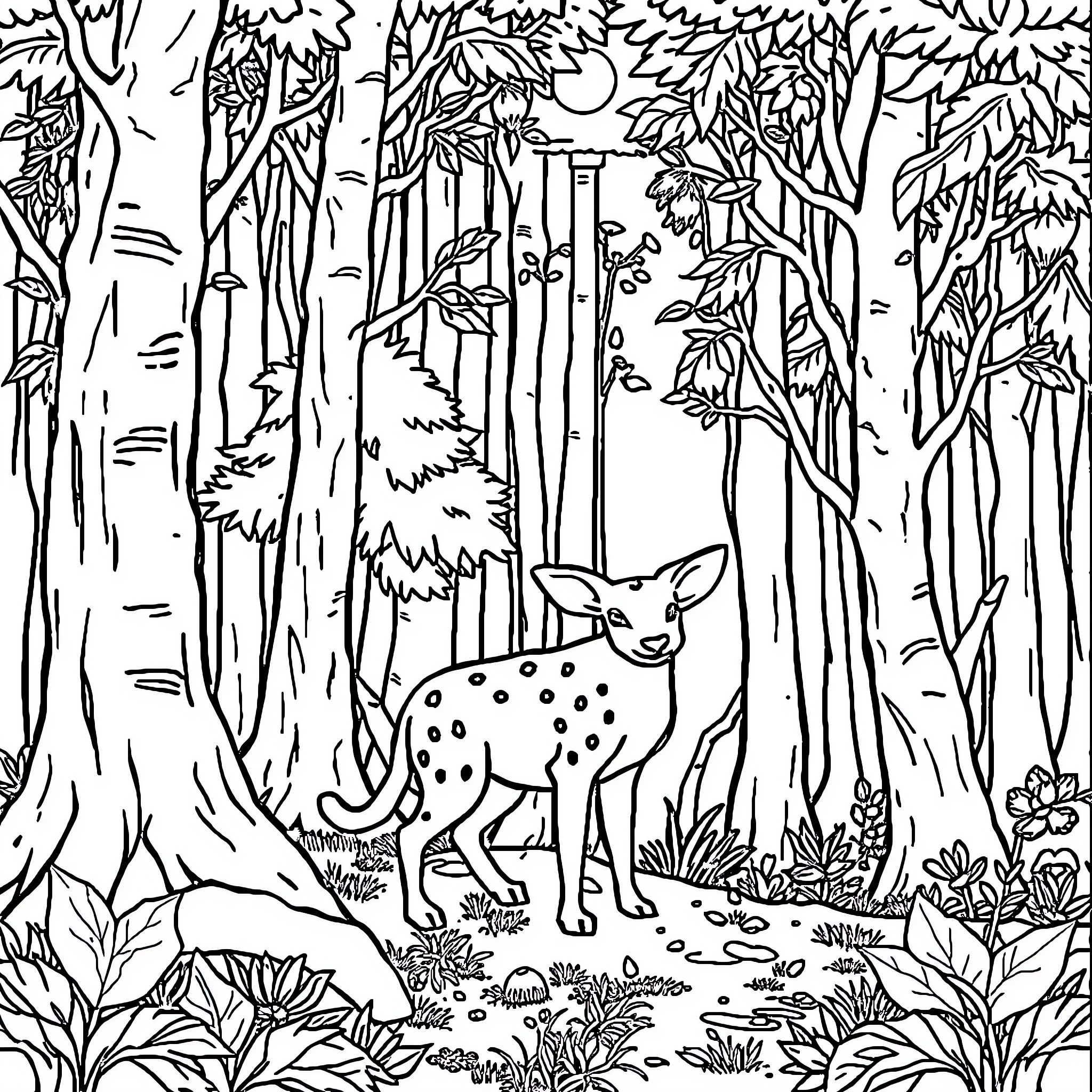 Foret Deer Exploring the Enchanted Woodland Coloring Page (free black-and-white line drawing printable PDF for all, from beginners to advanced learners, including children, teens, adults, and seniors)