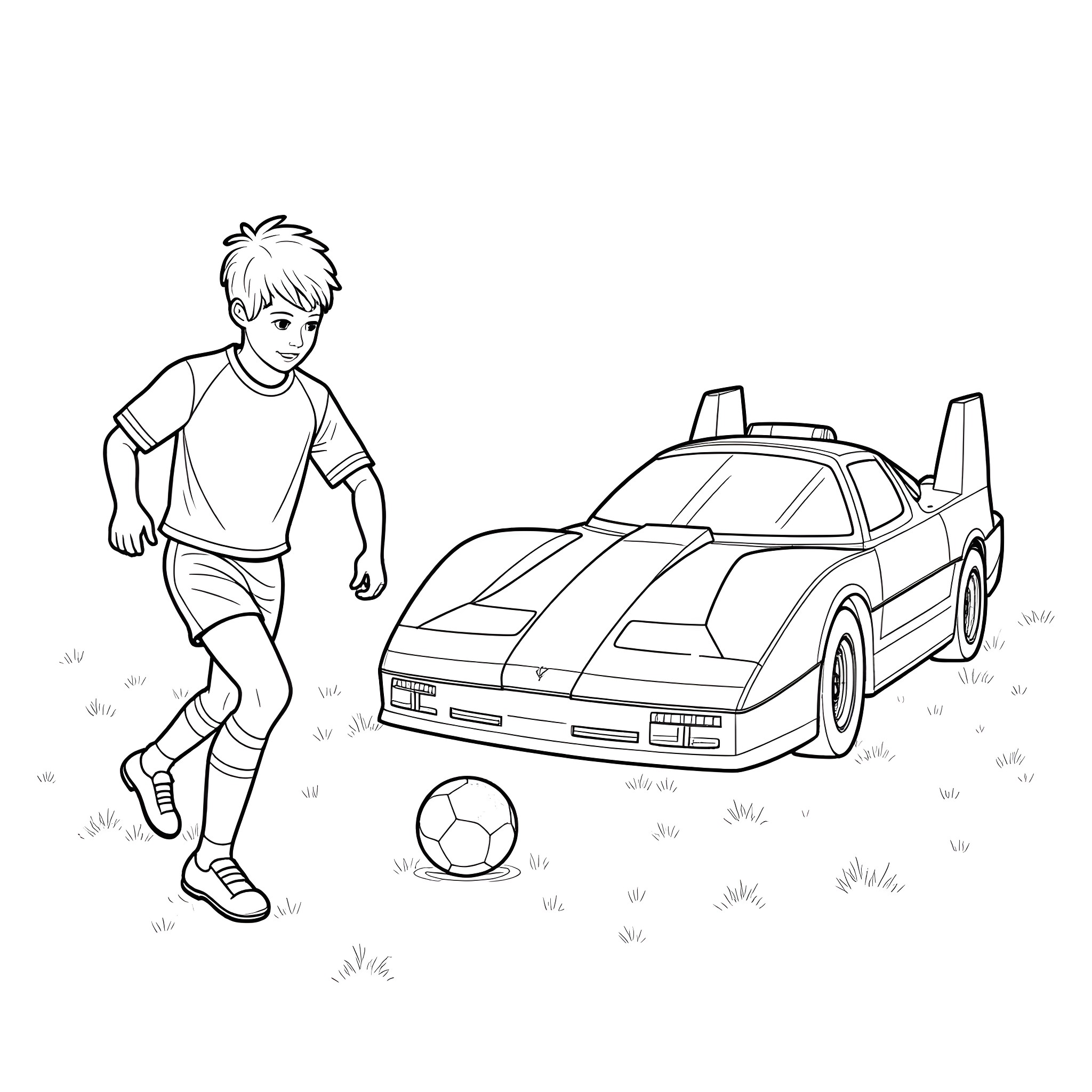 Boy playing with soccer ball near sports car Coloring Page (free black-and-white line drawing printable PDF for all, from beginners to advanced learners, including children, teens, adults, and seniors)
