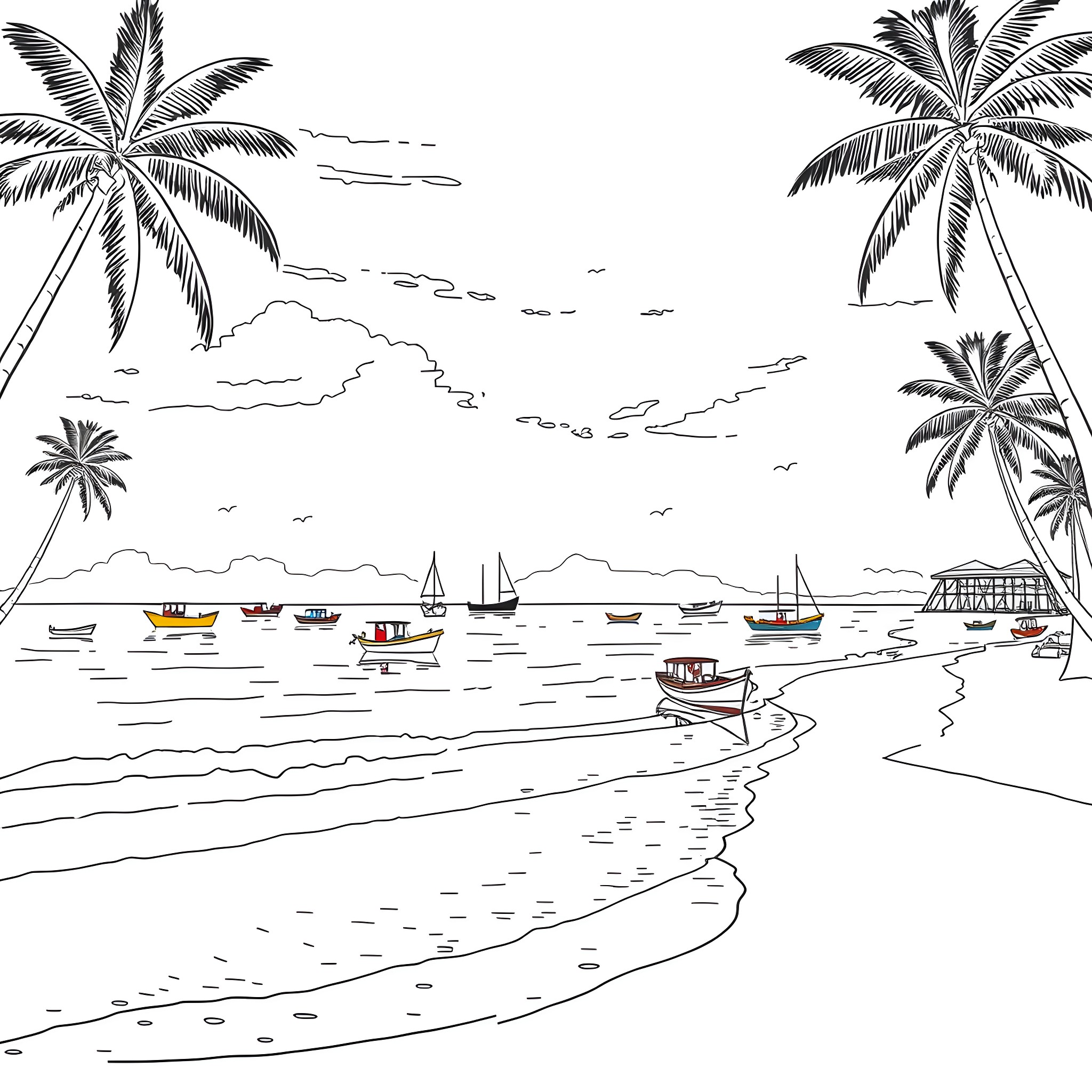 Maputo Bay with boats and palm trees Coloring Page (free black-and-white line drawing printable PDF for all, from beginners to advanced learners, including children, teens, adults, and seniors)