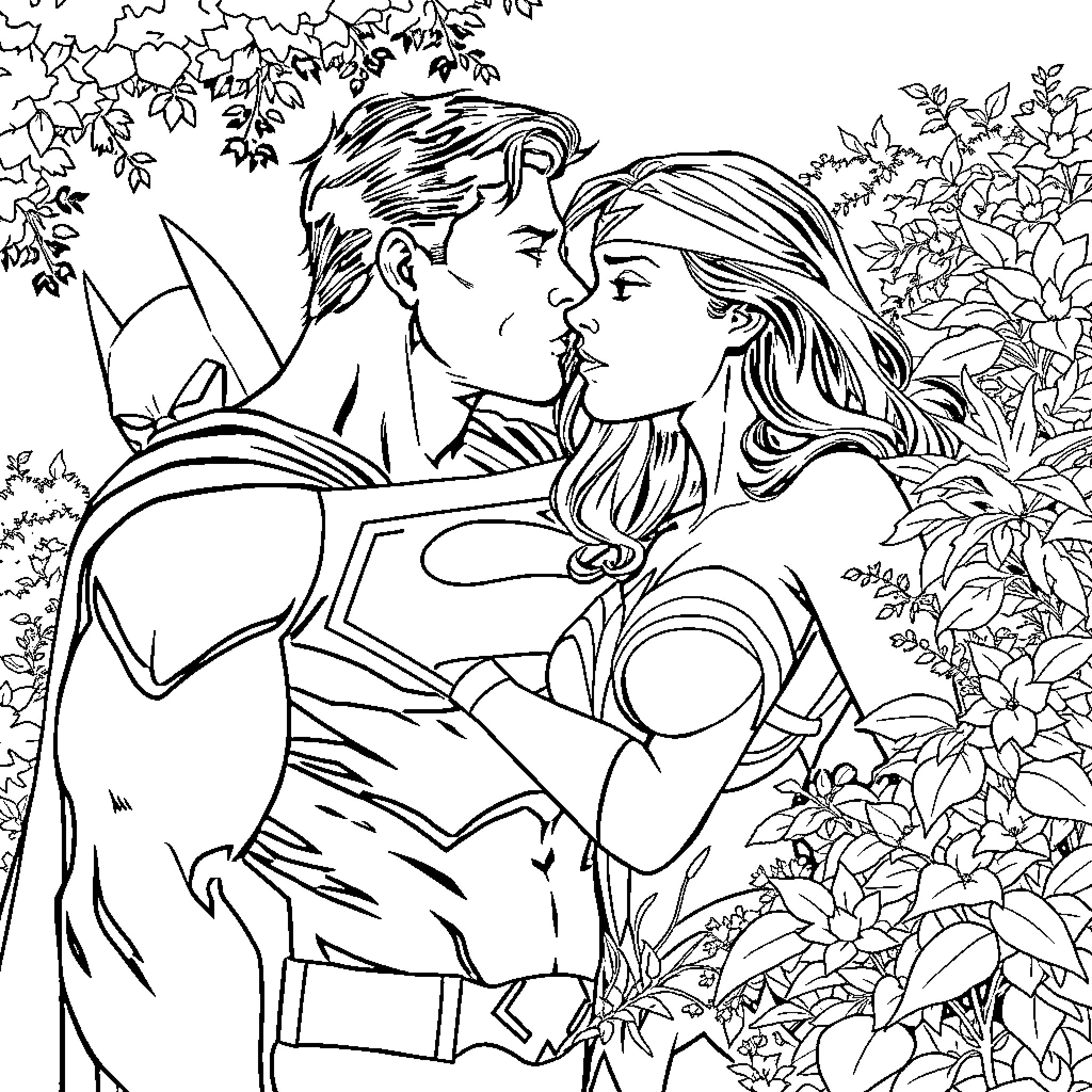 Superman and Supergirl's romantic embrace in the garden Coloring Page (free black-and-white line drawing printable PDF for all, from beginners to advanced learners, including children, teens, adults, and seniors)