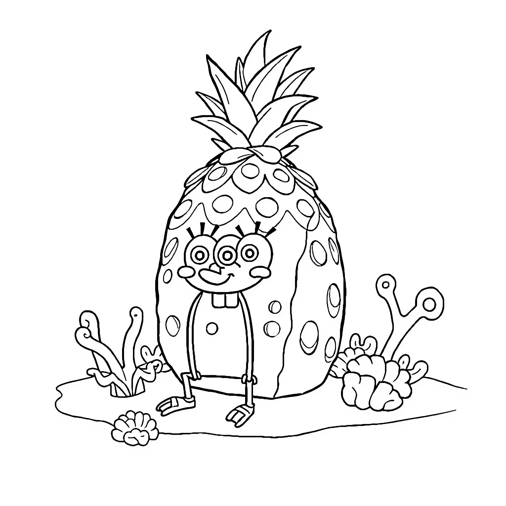 Pineapple character enjoying nature's beauty Coloring Page (free black-and-white line drawing printable PDF for all, from beginners to advanced learners, including children, teens, adults, and seniors)