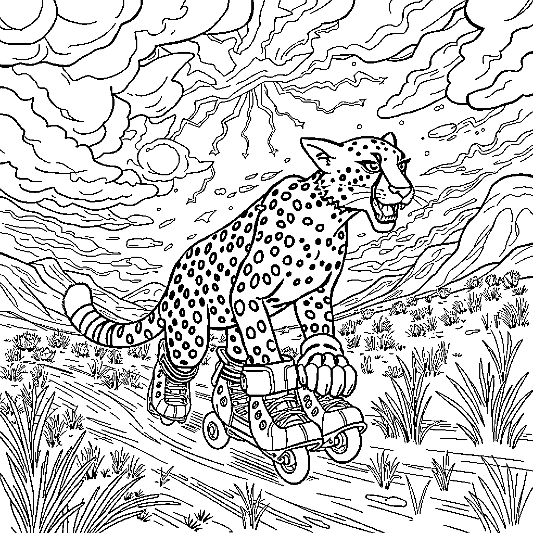 Cheetah riding a scooter through the wilderness Coloring Page (free black-and-white line drawing printable PDF for all, from beginners to advanced learners, including children, teens, adults, and seniors)