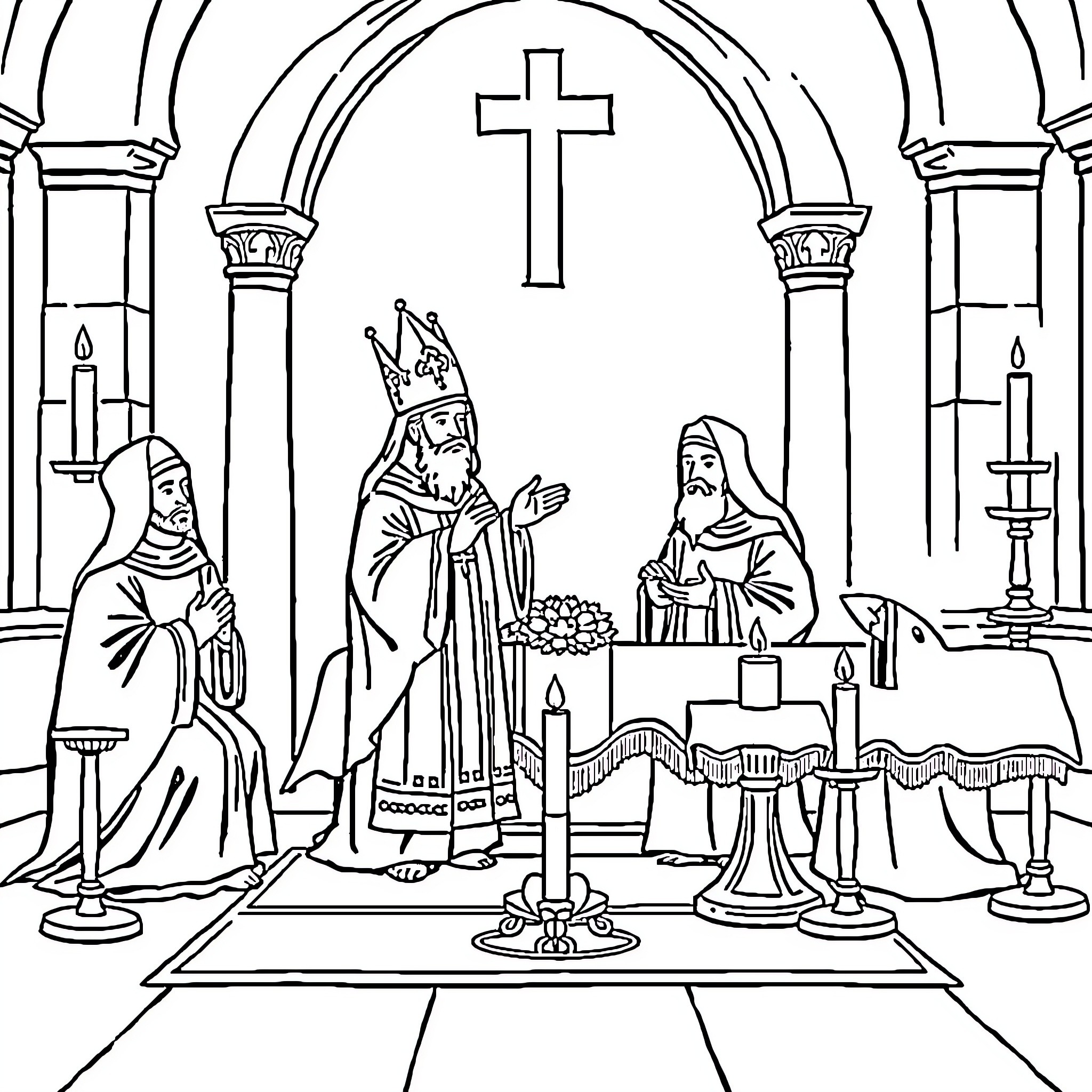 Monaguillos at the altar with priest and church interior Coloring Page (free black-and-white line drawing printable PDF for all, from beginners to advanced learners, including children, teens, adults, and seniors)