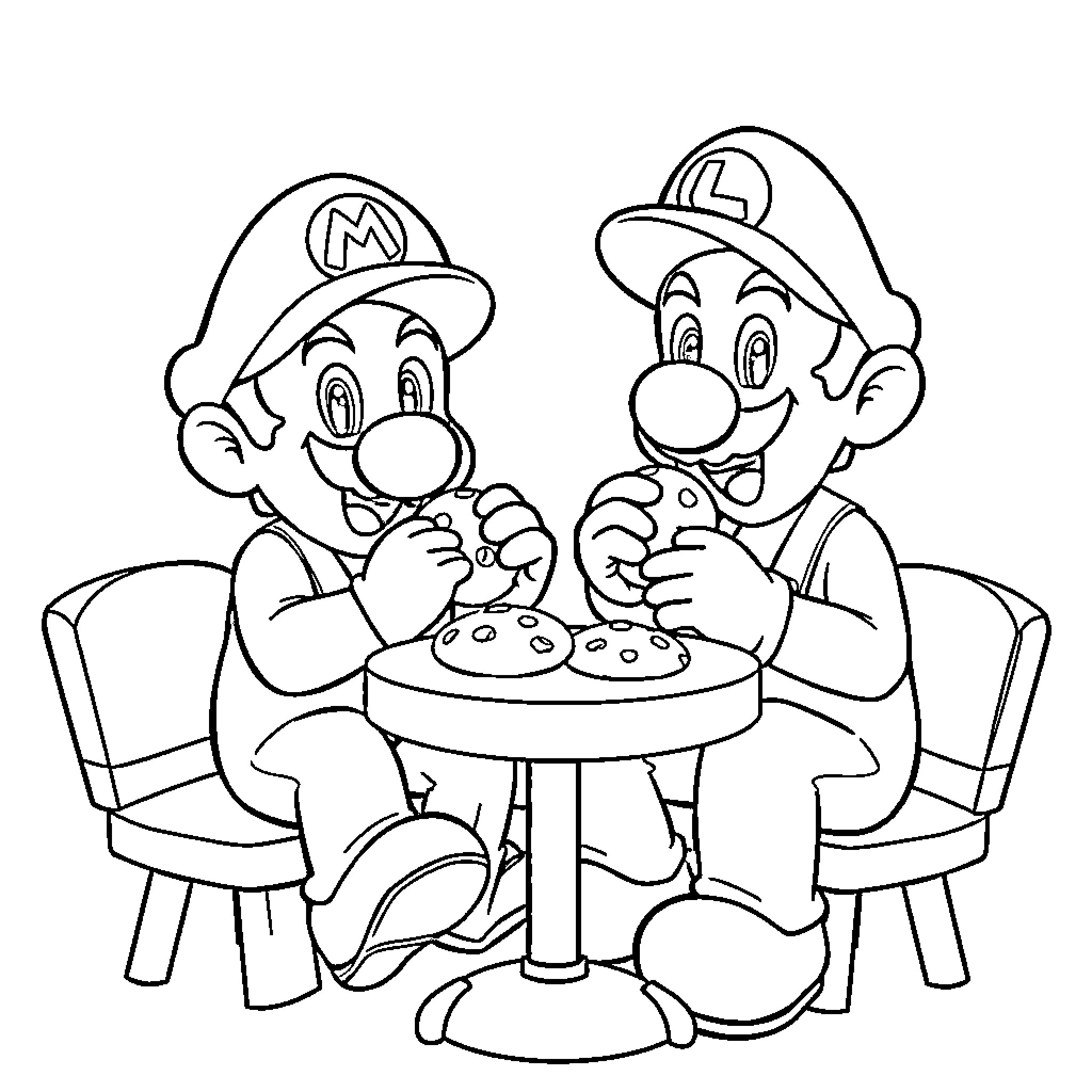 Super Mario Brothers Enjoying Pizza Together Coloring Page (free black-and-white line drawing printable PDF for all, from beginners to advanced learners, including children, teens, adults, and seniors)