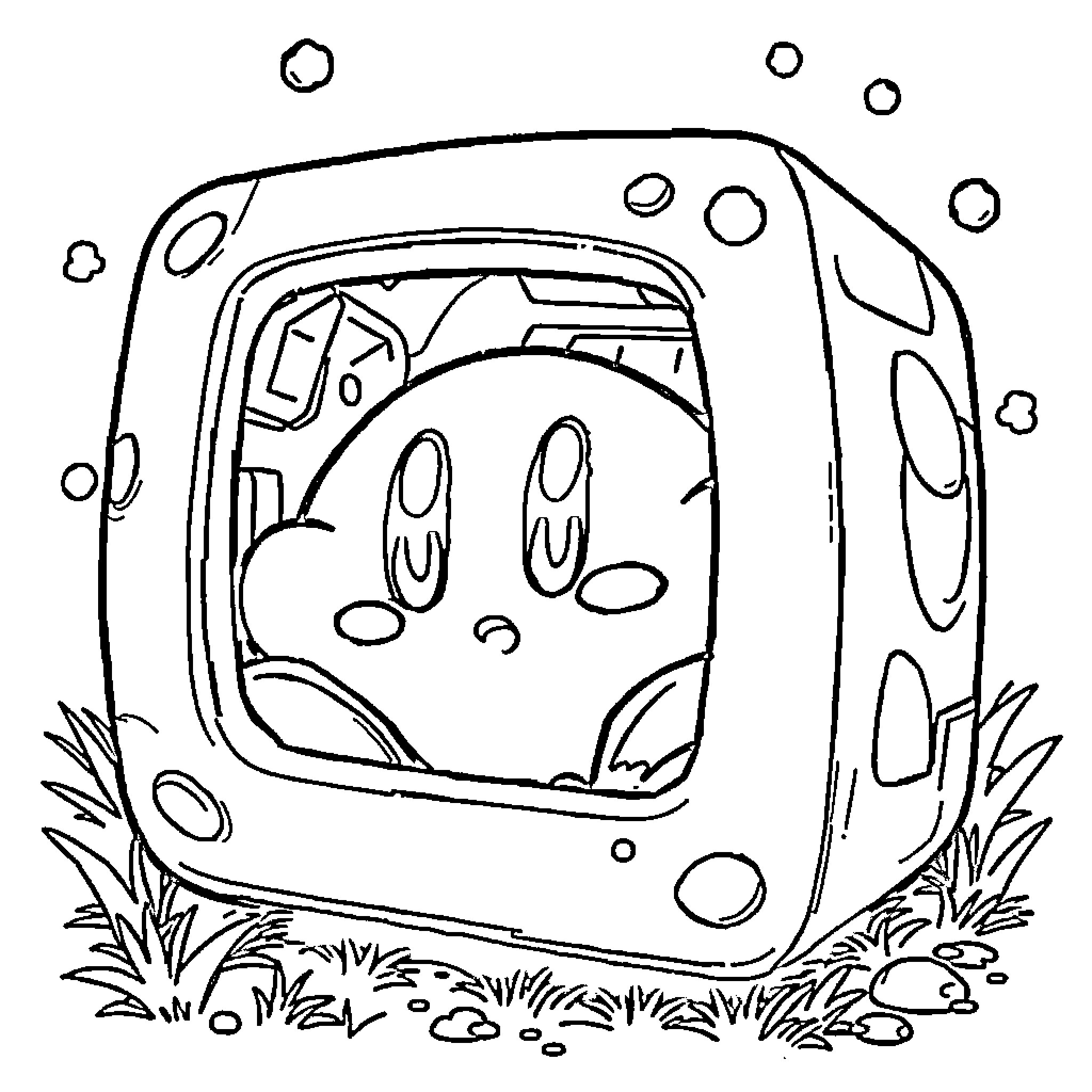 Kirby exploring a whimsical underwater scene Coloring Page (free black-and-white line drawing printable PDF for all, from beginners to advanced learners, including children, teens, adults, and seniors)