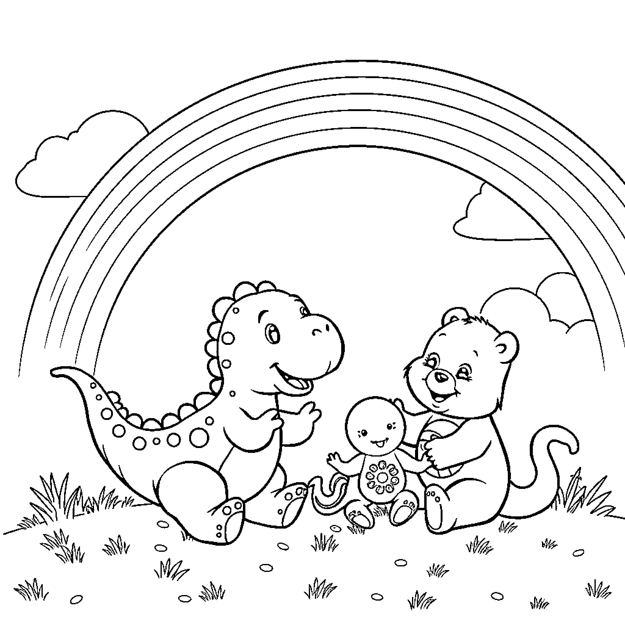 Dinosaur friends playing together under the rainbow Coloring Page (free black-and-white line drawing printable PDF for all, from beginners to advanced learners, including children, teens, adults, and seniors)