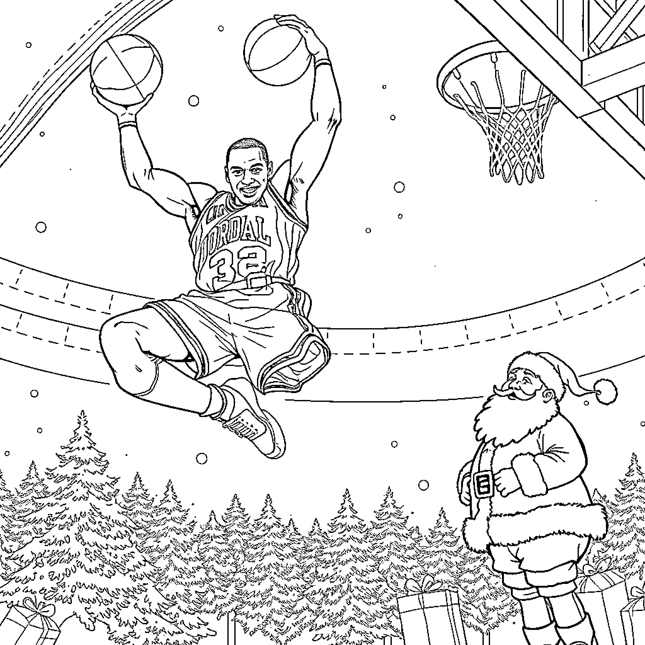 Michael Jordan dunking the basketball with Santa watching Coloring Page (free black-and-white line drawing printable PDF for all, from beginners to advanced learners, including children, teens, adults, and seniors)