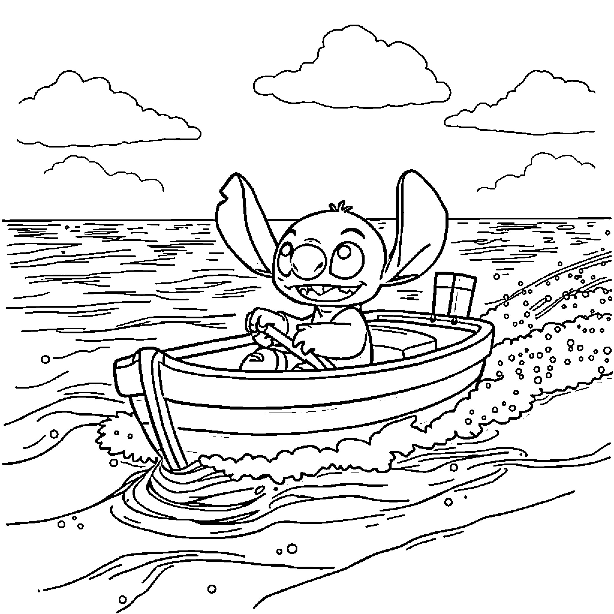 Stitch sailing cheerfully on the open sea Coloring Page (free black-and-white line drawing printable PDF for all, from beginners to advanced learners, including children, teens, adults, and seniors)