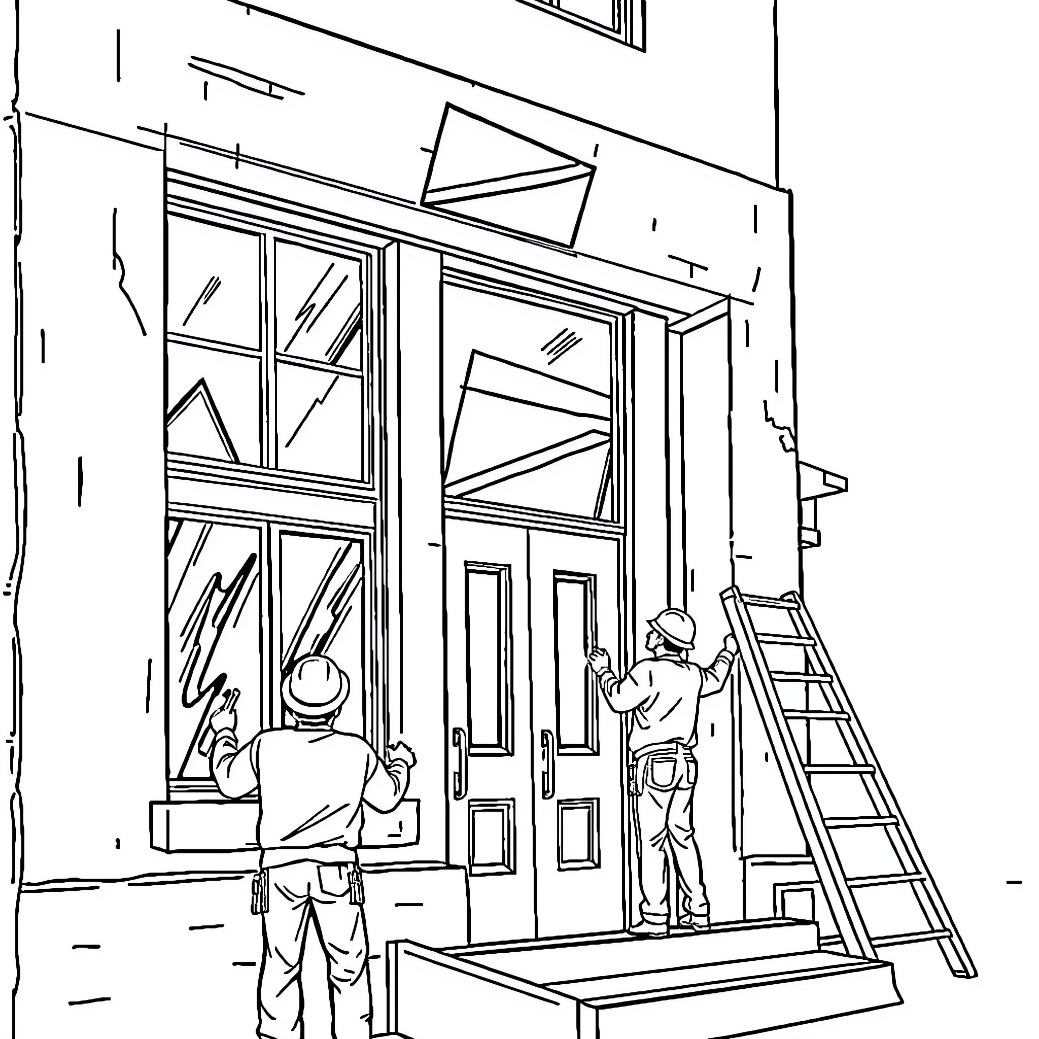 USPS Workers Repairing Damaged Building Entrance Coloring Page (free black-and-white line drawing printable PDF for all, from beginners to advanced learners, including children, teens, adults, and seniors)