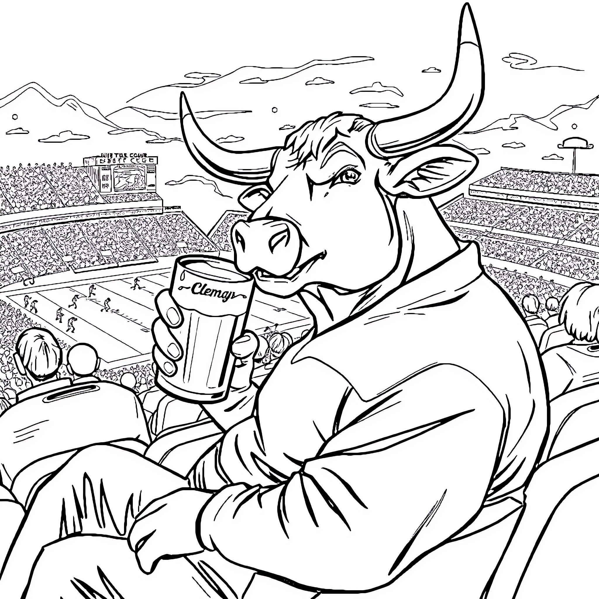 Bull cheering and drinking at sports event Coloring Page (free black-and-white line drawing printable PDF for all, from beginners to advanced learners, including children, teens, adults, and seniors)
