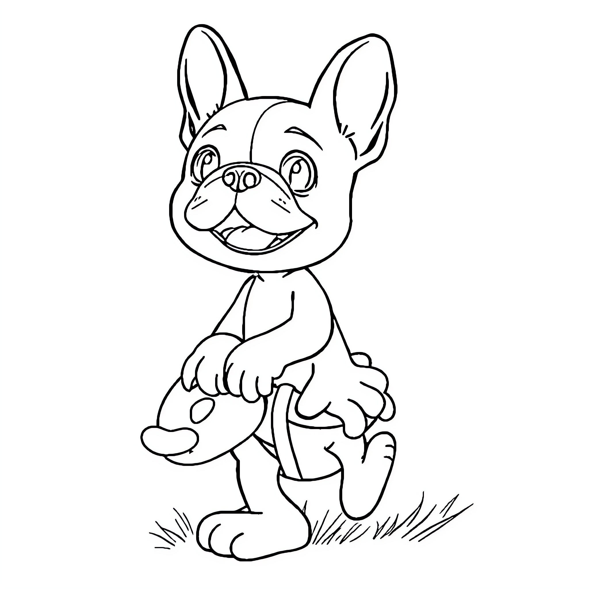 French Bulldog standing happily in the grass Coloring Page (free black-and-white line drawing printable PDF for all, from beginners to advanced learners, including children, teens, adults, and seniors)
