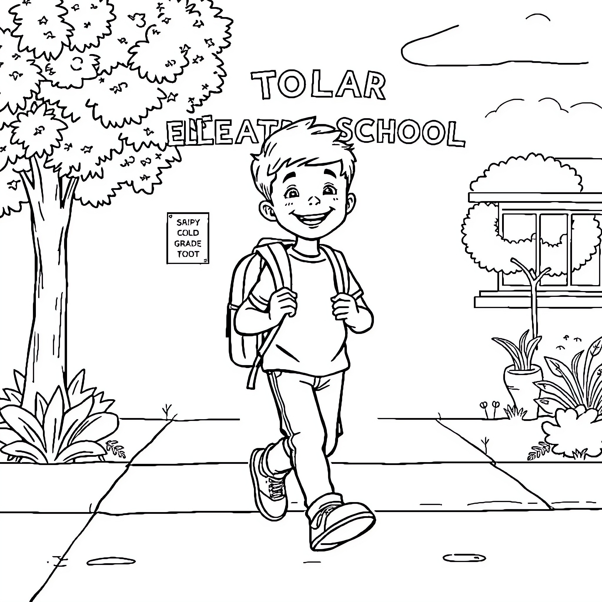 Boy walking happily to school on a sunny day Coloring Page (free black-and-white line drawing printable PDF for all, from beginners to advanced learners, including children, teens, adults, and seniors)