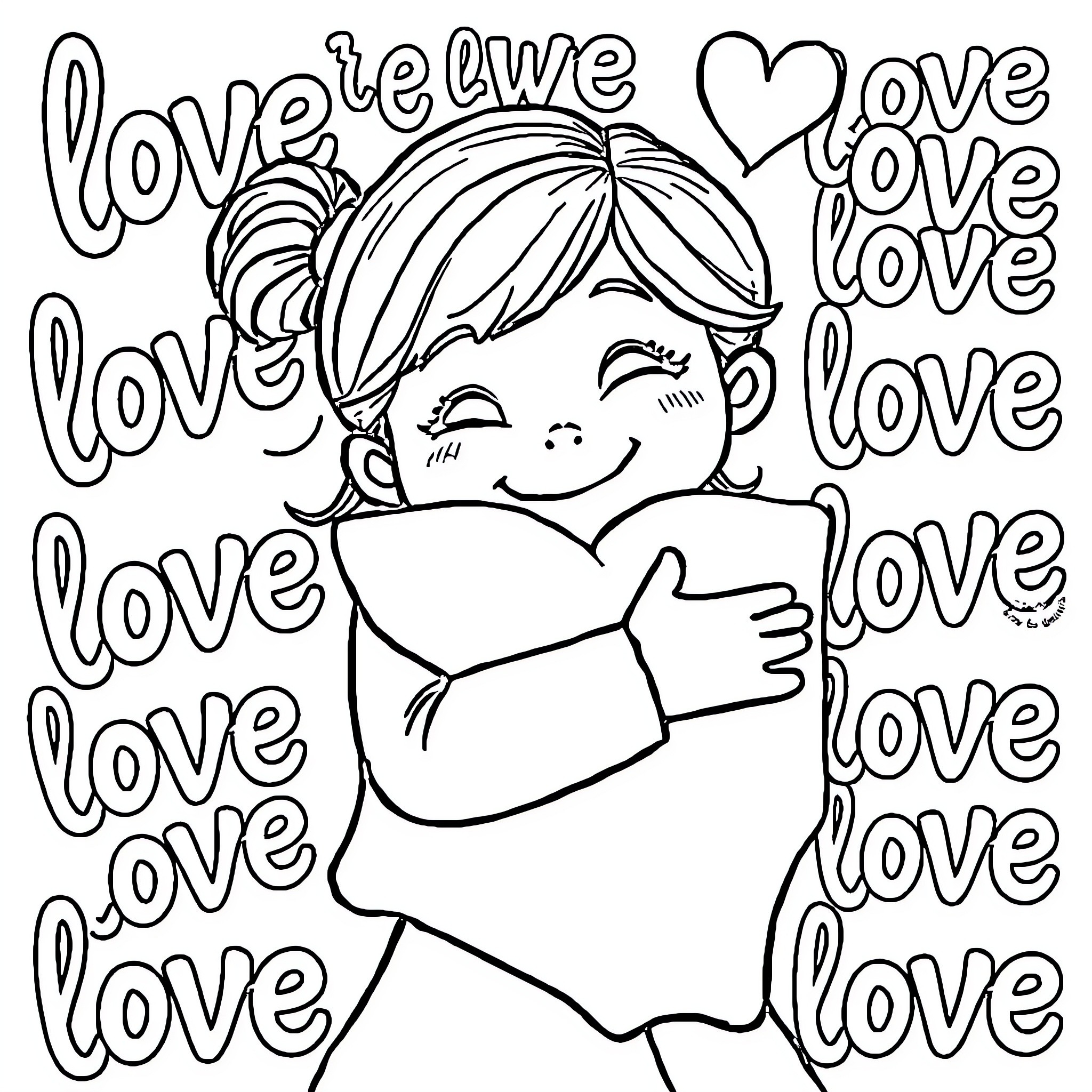 Heart-filled Embrace of Love Coloring Page (free black-and-white line drawing printable PDF for all, from beginners to advanced learners, including children, teens, adults, and seniors)