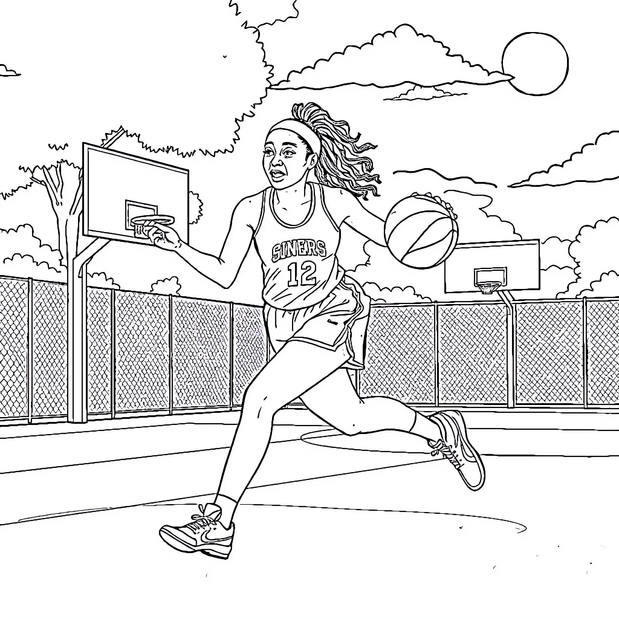 Simone Biles playing basketball on the court Coloring Page (free black-and-white line drawing printable PDF for all, from beginners to advanced learners, including children, teens, adults, and seniors)