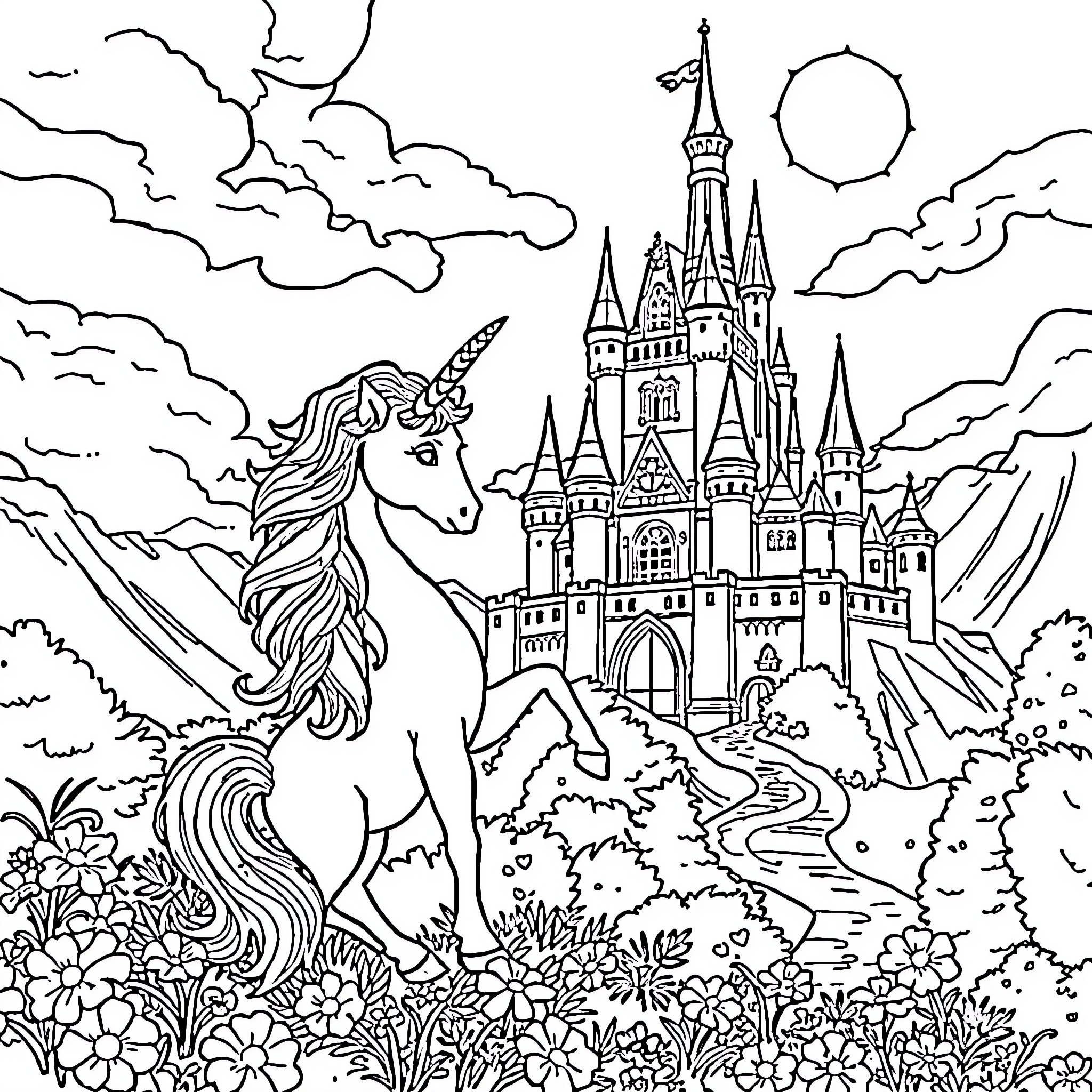 Unicorn exploring magical castle landscape Coloring Page (free black-and-white line drawing printable PDF for all, from beginners to advanced learners, including children, teens, adults, and seniors)