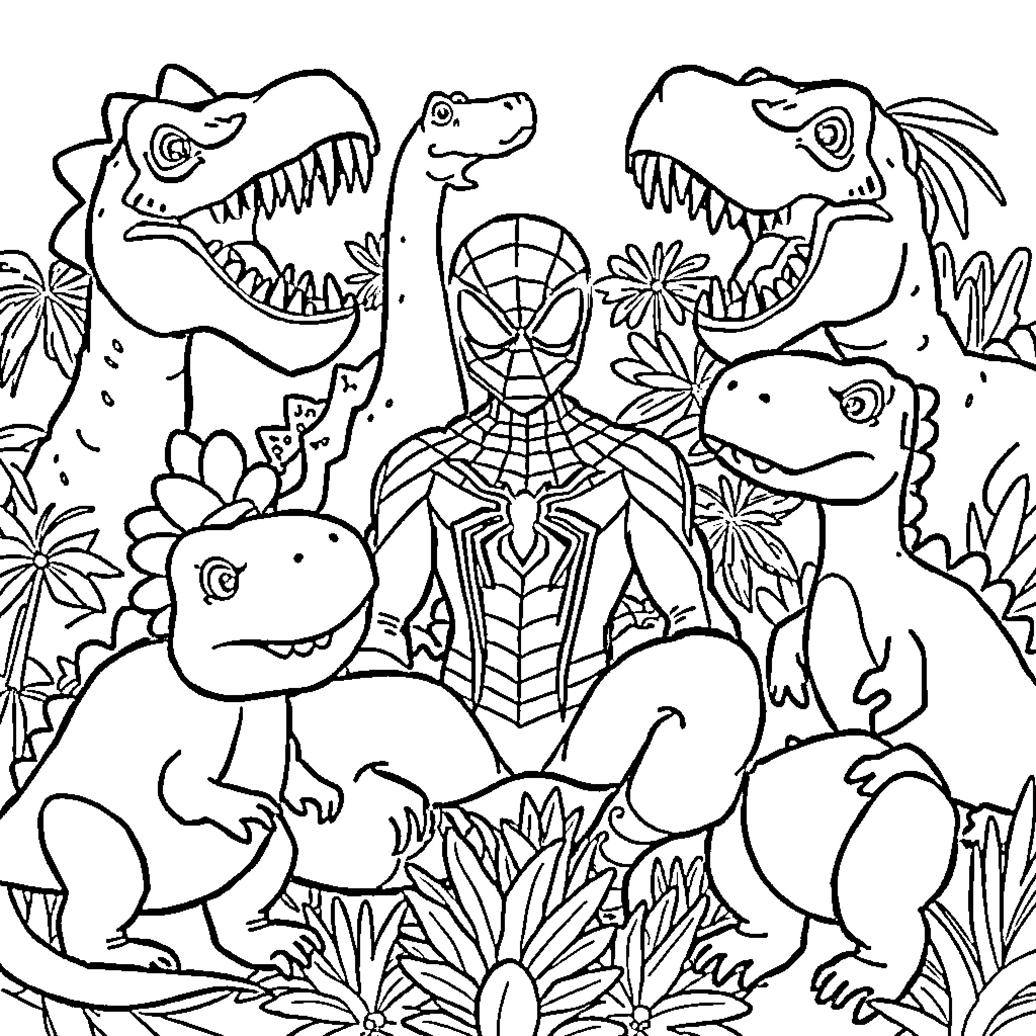 Spiderman surrounded by playful dinosaurs in nature Coloring Page (free black-and-white line drawing printable PDF for all, from beginners to advanced learners, including children, teens, adults, and seniors)