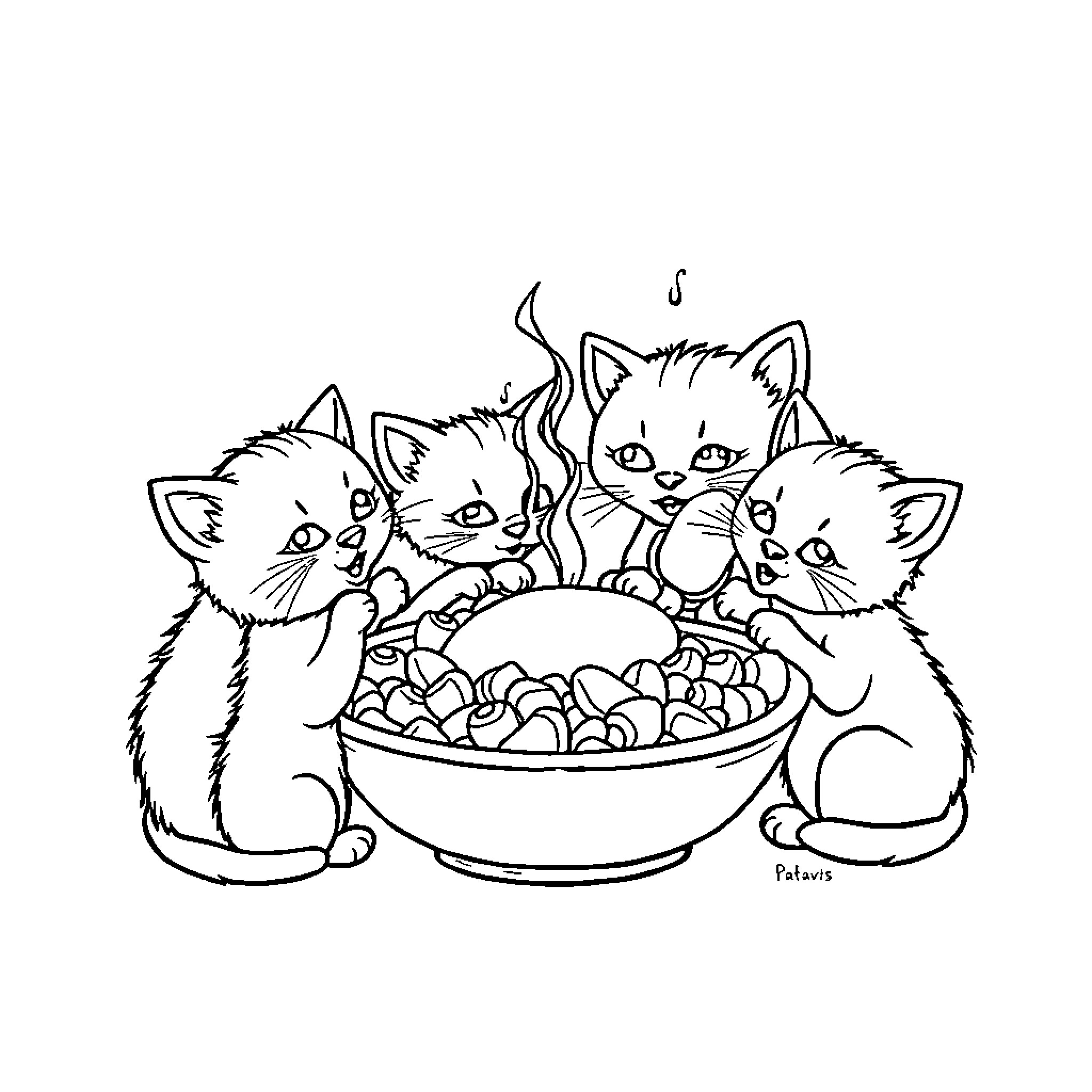 Kittens snuggling around a bowl of treats Coloring Page (free black-and-white line drawing printable PDF for all, from beginners to advanced learners, including children, teens, adults, and seniors)